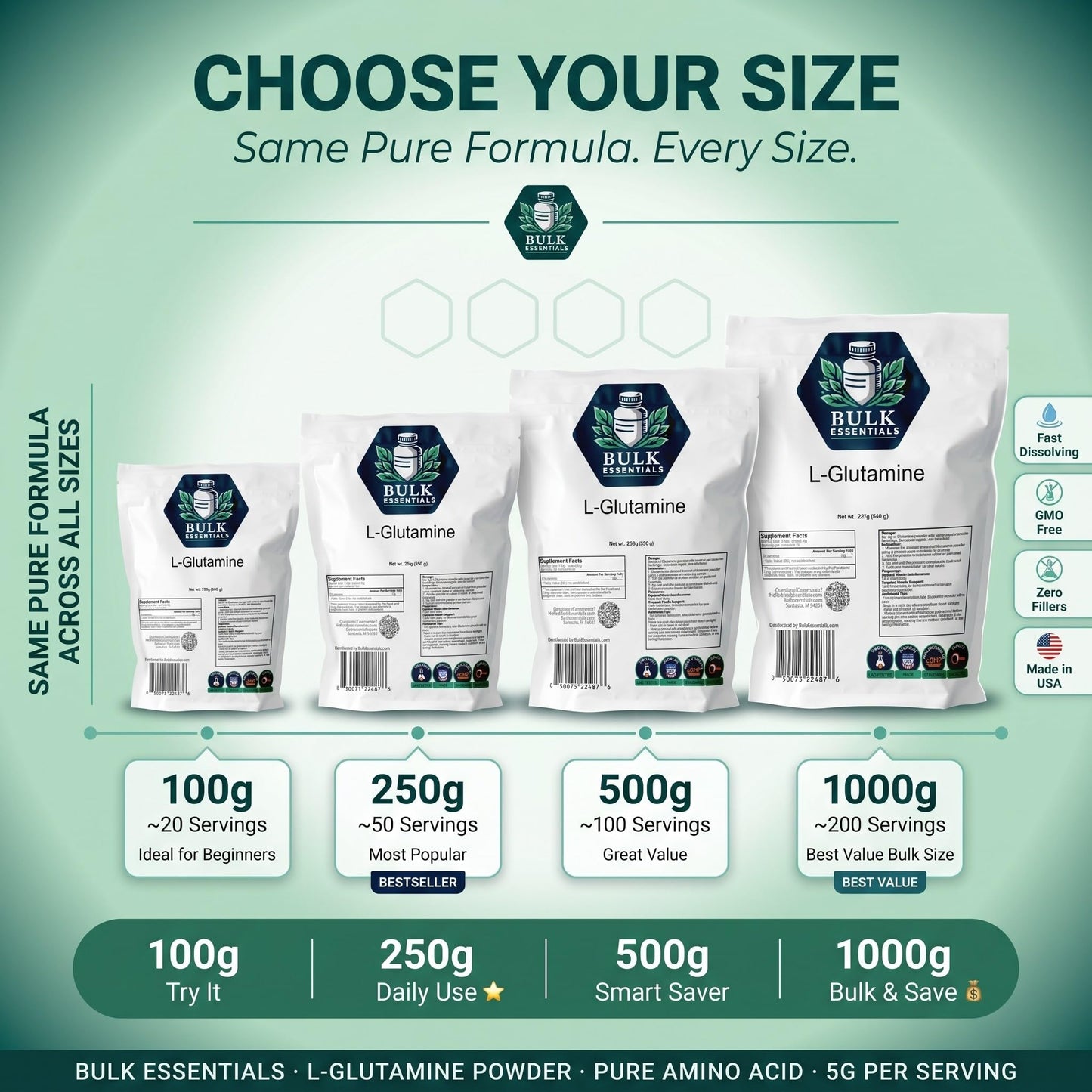 Bulk Essentials L-Glutamine Powder Supplement 3.52 oz