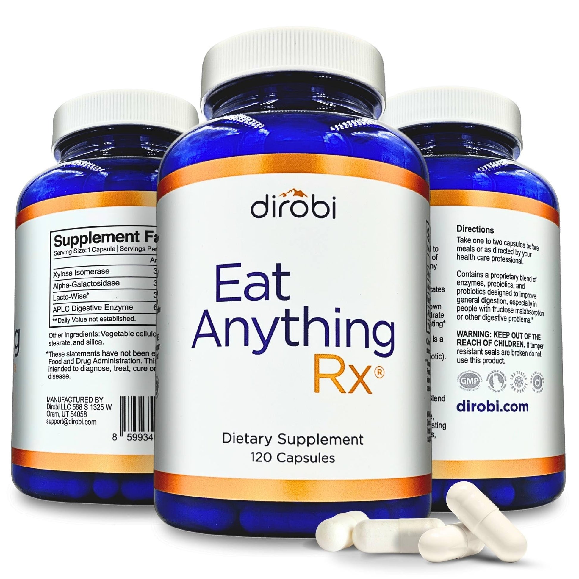 Dirobi Eat Anything Xylose Isomerase Enzyme for Fructose Malabsorption & FODMAP Digestive Support, Alpha Galactosidase, Fructan Hydrolase, Gas & Bloating Relief, 120 Capsules