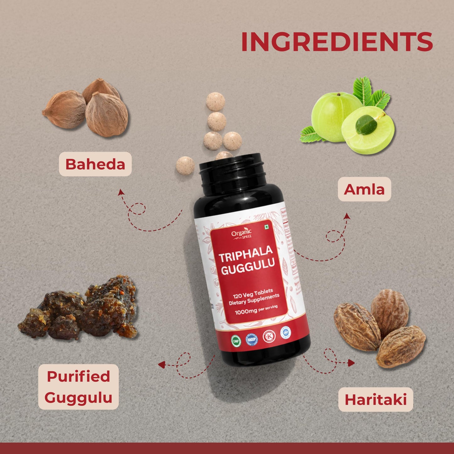 ORGANIC SPREE Triphala Guggulu Tablets, 120 Count