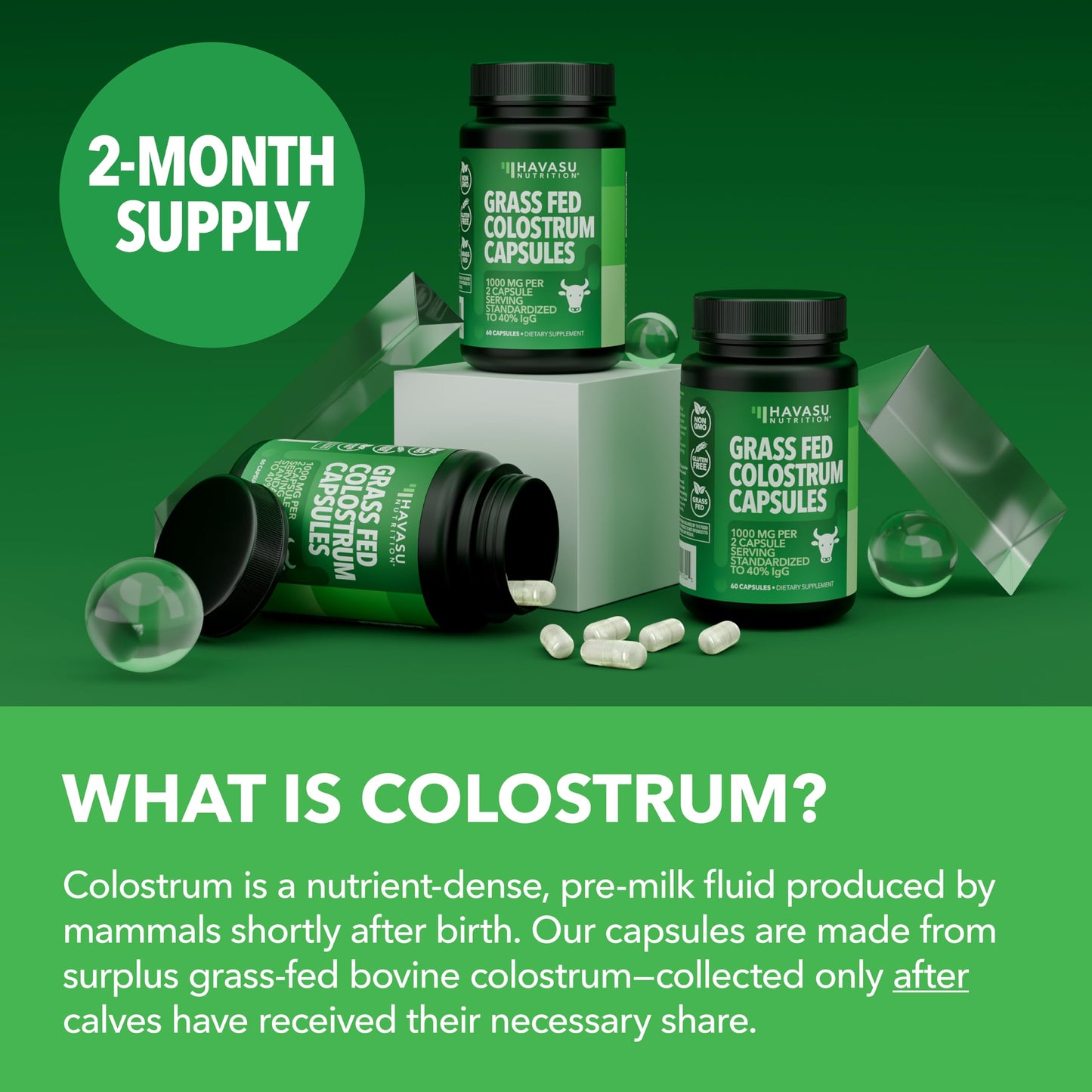 HAVASU NUTRITION Grass Fed Colostrum Supplement for Immune and Gut Health 1000mg Bovine Colostrum per Serving with 40% IgG Capsule 120 Count