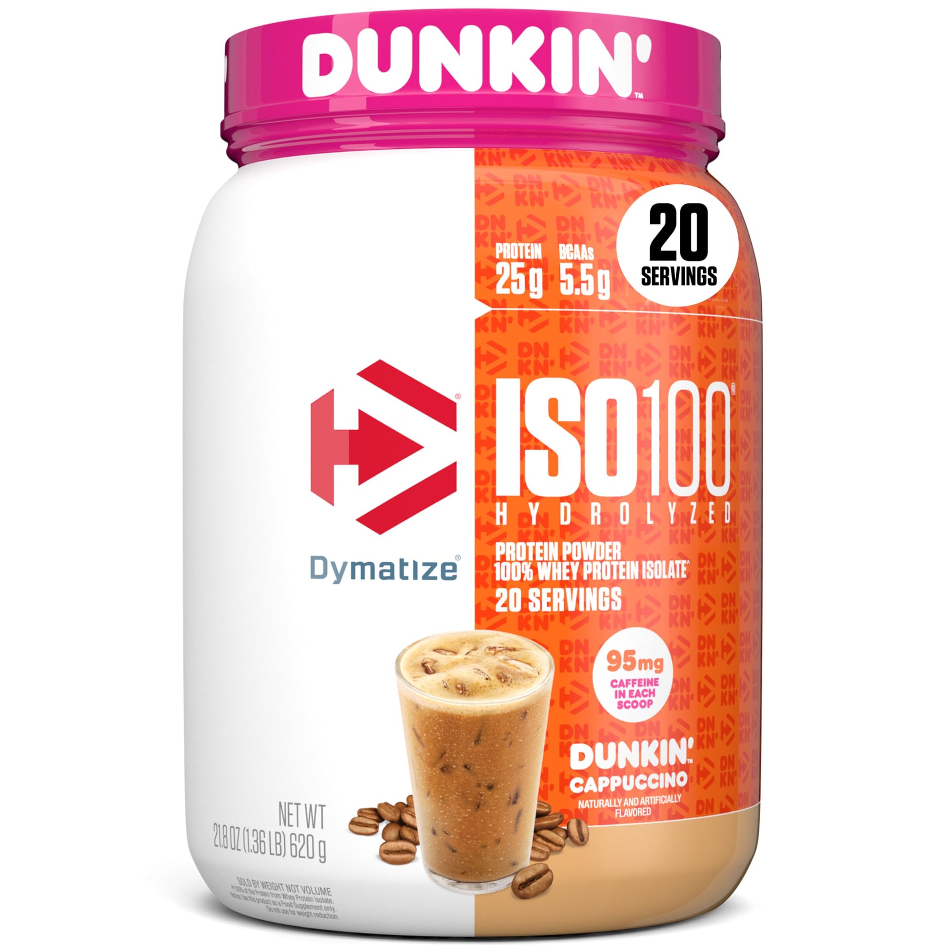 Dymatize x Dunkin' Cappuccino ISO100 Whey Protein Powder, 95mg Caffeine, 25g of Protein5.5g BCAAs, 120 Cal., Gluten Free, 1g Fat, 1g Sugar, 2g Carb (20 Servings)