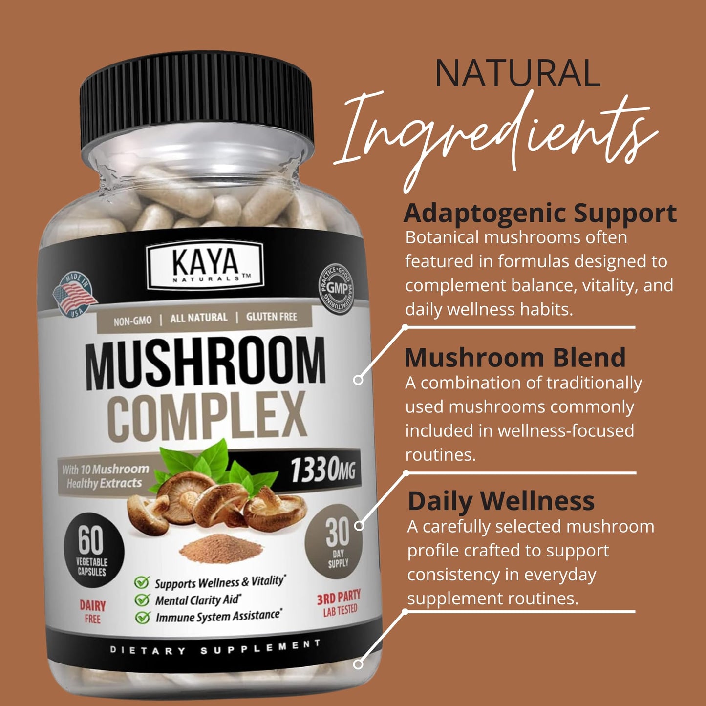 Kaya Naturals Mushroom Complex Capsules 1330mg Per Serving - 60 Capsules