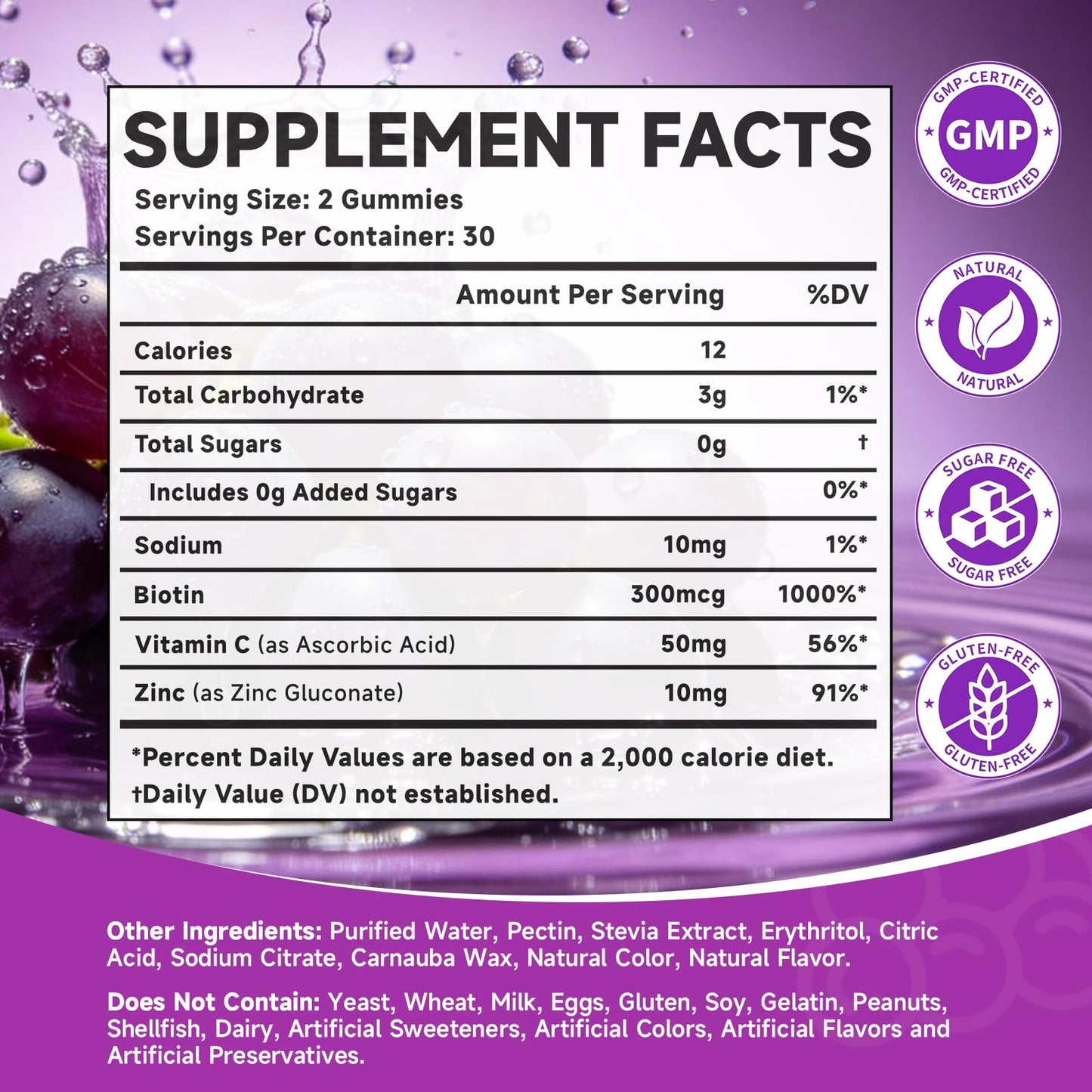 MOORGUMY Biotin Hair, Skin & Nails Gummies Sugar Free Grape Flavor, 60 Count