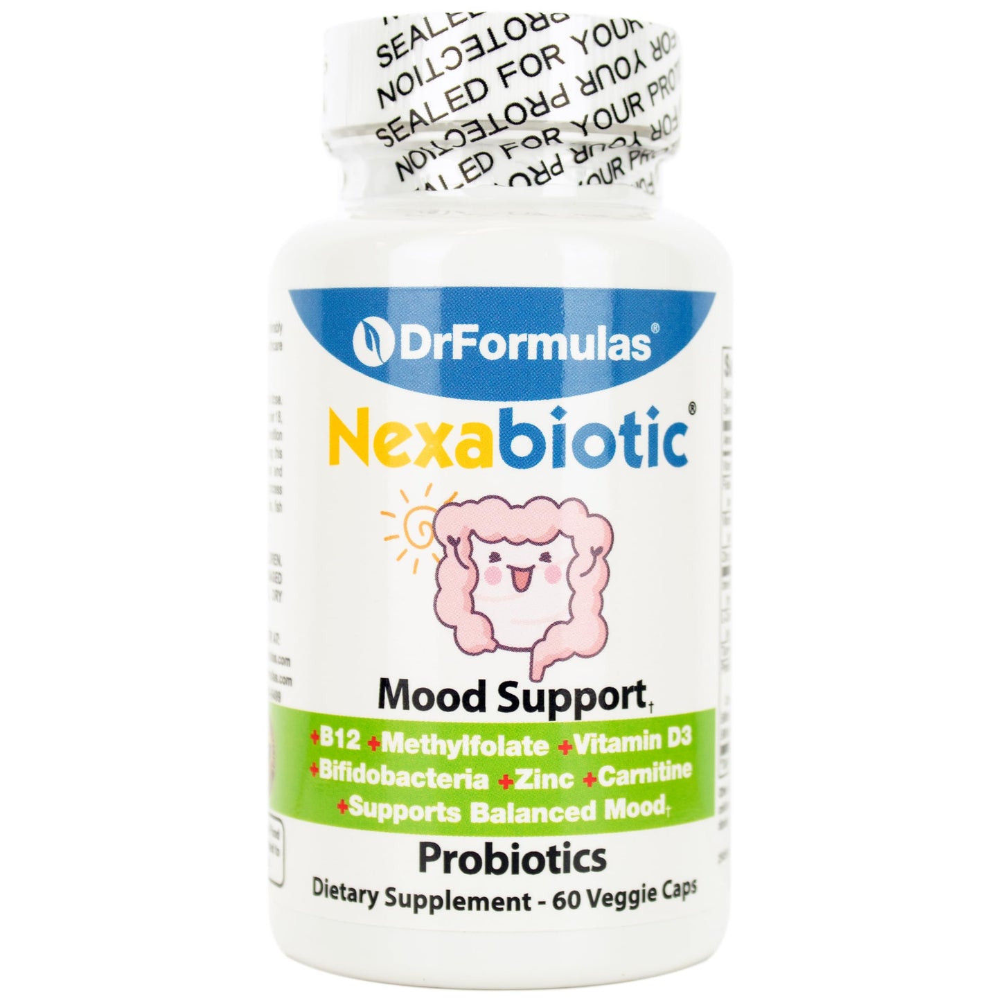 DrFormulas Mood Boost Probiotics for Stress and Calm, Methylfolate for Kids, Women, Men | Nexabiotic Supplement with Bifidobacterium and B-12 Capsule, 60 Count