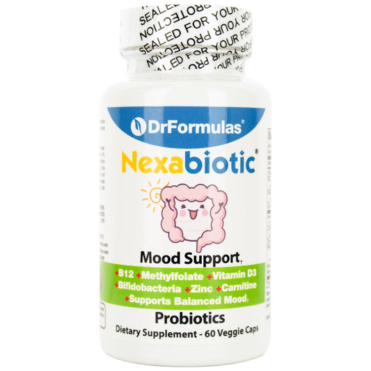 DrFormulas Mood Boost Probiotics for Stress and Calm, Methylfolate for Kids, Women, Men | Nexabiotic Supplement with Bifidobacterium and B-12 Capsules, 60 Count