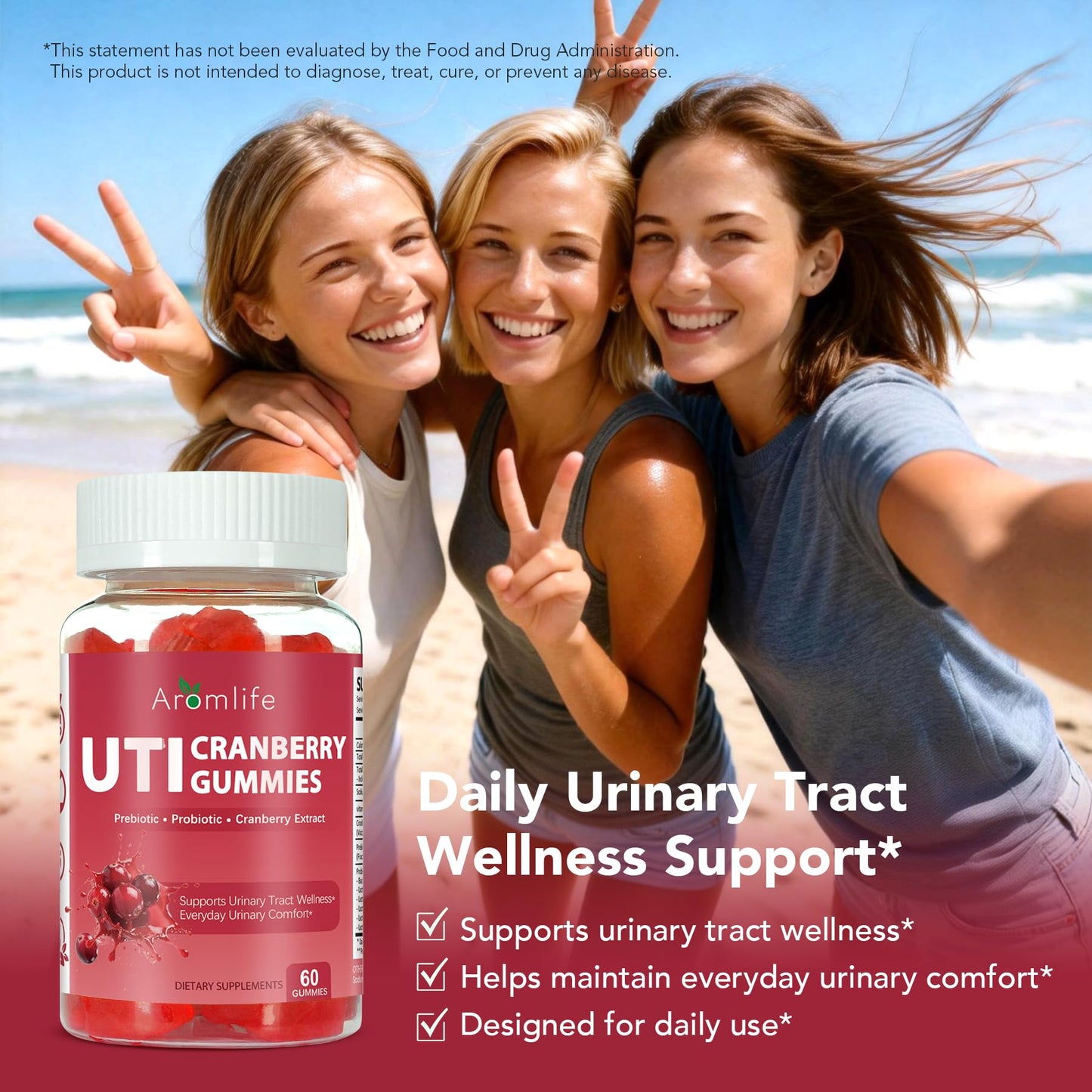 Aromlife Cranberry Gummies for UTI & Bladder, Natural Urinary Wellness Gummies with Vitamin C, Prebiotic Fiber & Probiotic, 60 Gummies