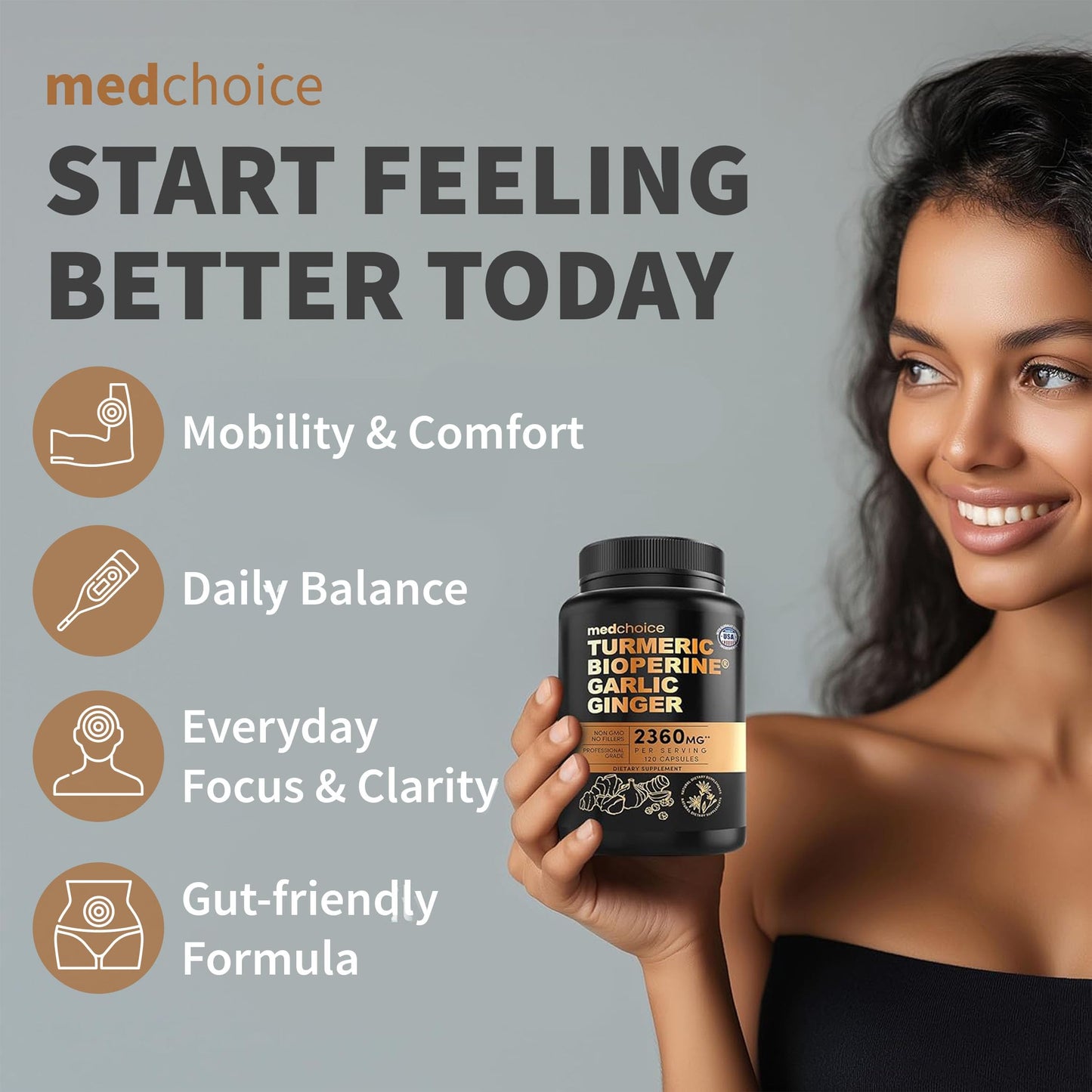 MEDCHOICE 4-in-1 Turmeric Joint Support with Garlic and BioPerine, 2360 mg High Potency Herbal Blend, 240 Capsules