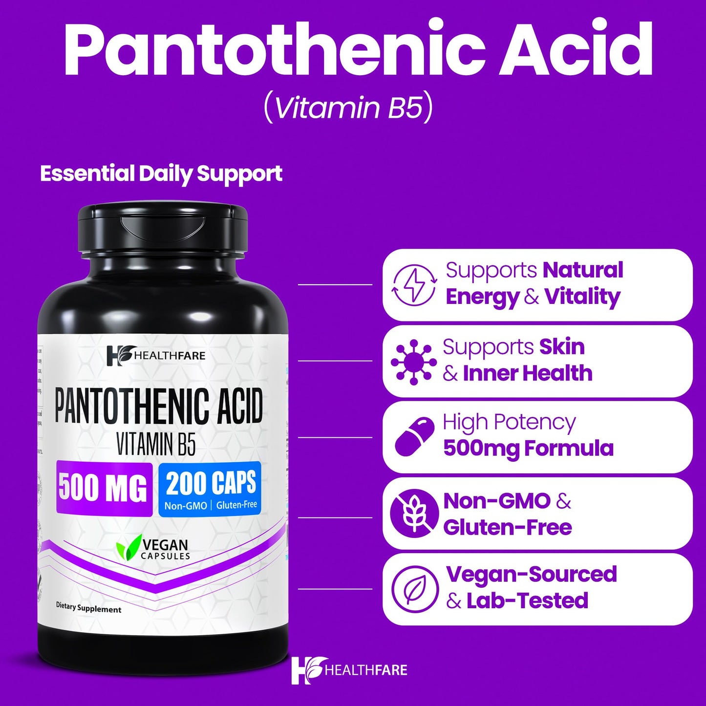 Healthfare Pantothenic Acid 500mg Vitamin B5 Supplement Capsules 200