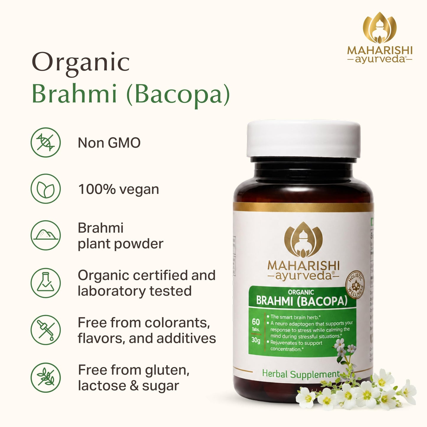 Maharishi Ayurveda Organic Brahmi (Bacopa) 500 mg, 60 Tablets