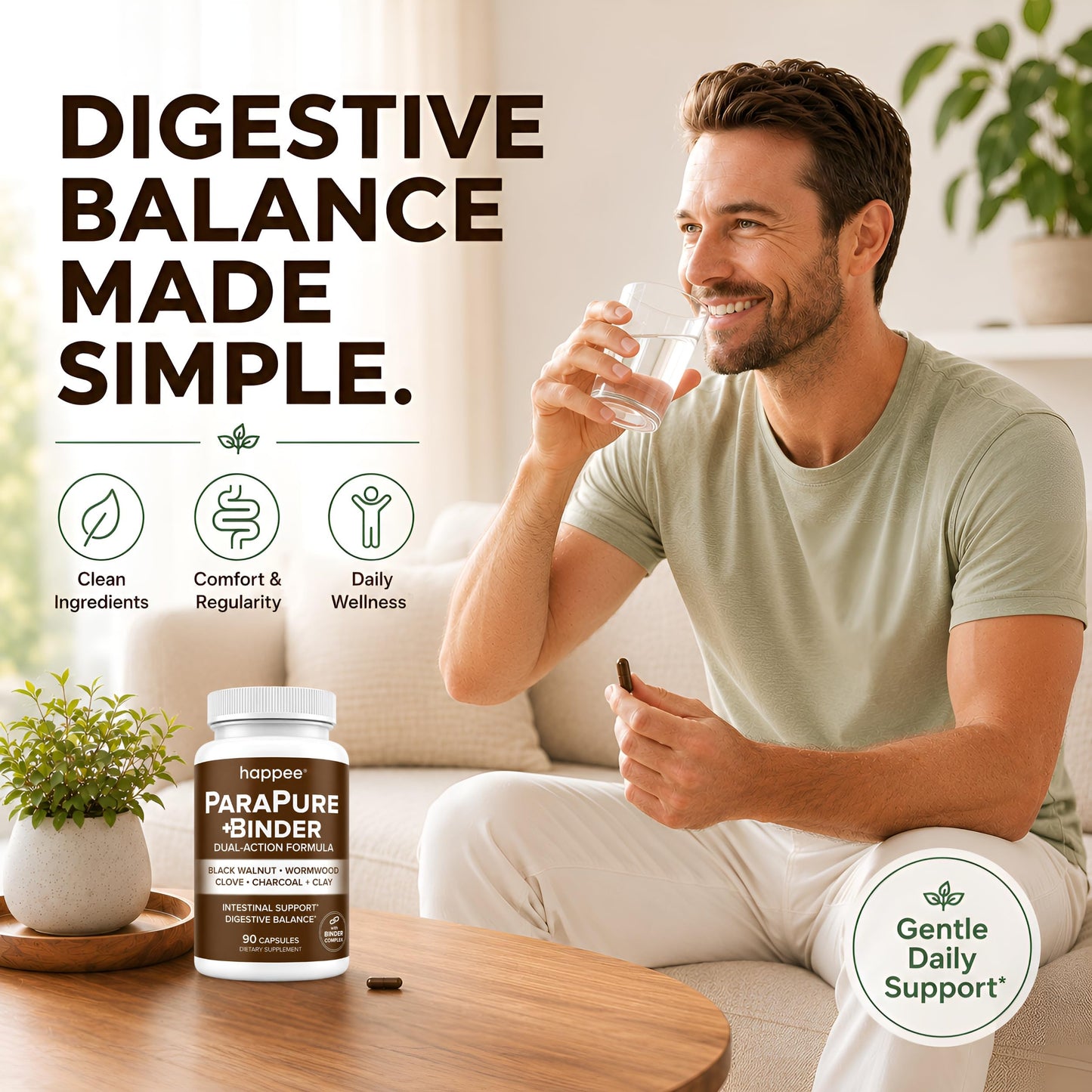 Happee ParaPure Cleanse with Binder for Humans, Intestinal Support, 2-in-1, 90 Capsules