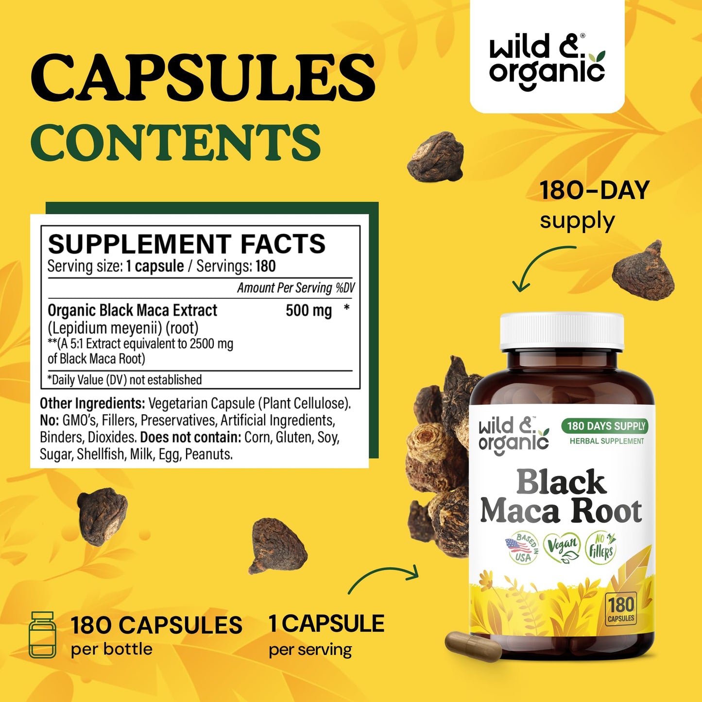 Wild & Organic Black Maca Root Capsules 500 mg, 180 Count