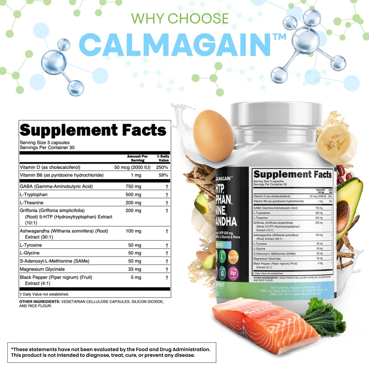 Clean Nutraceuticals GABA 750mg 5-HTP 200mg L-Tryptophan 500mg L-Theanine 200mg Ashwagandha SAM-e L-Glycine Mood Support Capsules 90 Count