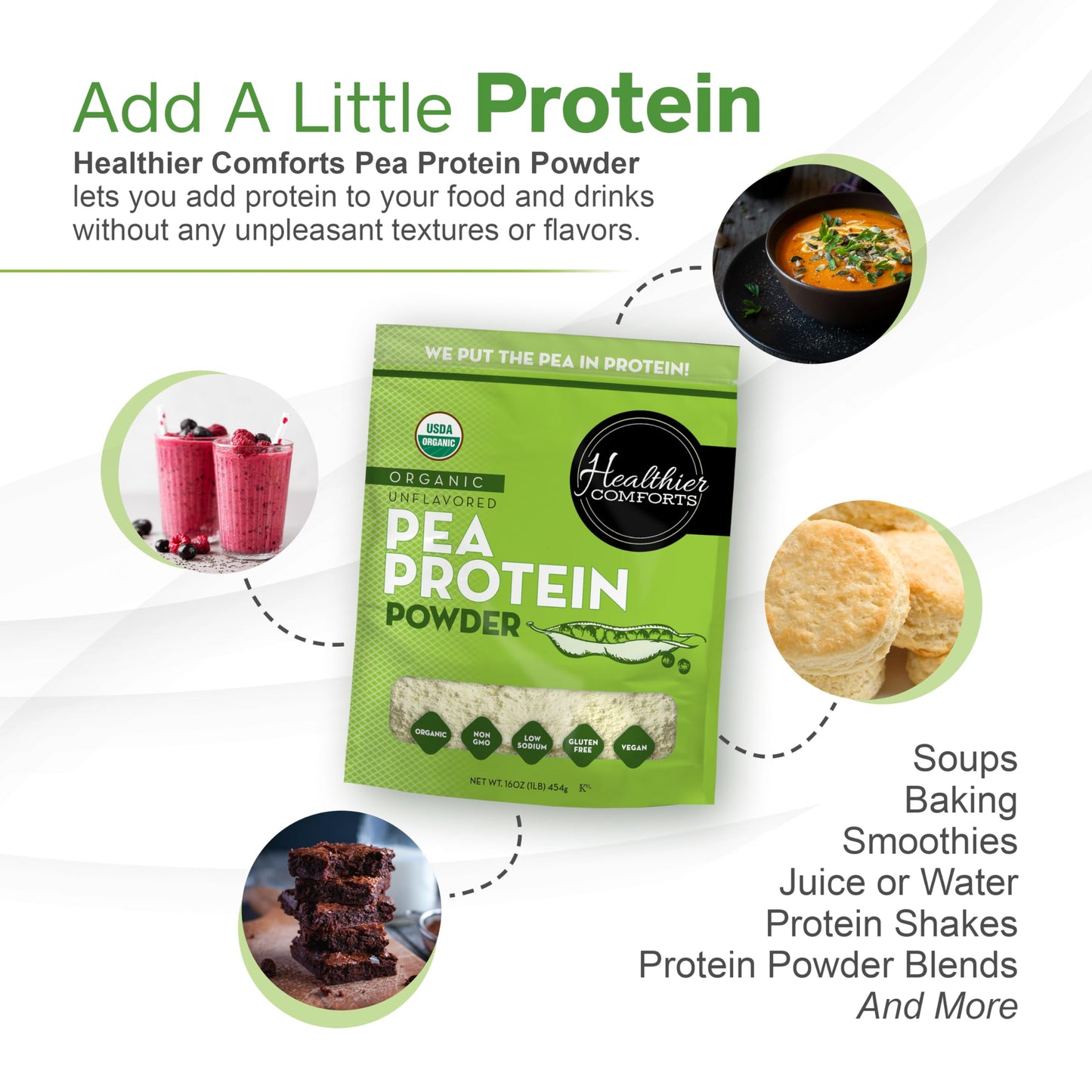 Healthier Comforts Organic Unflavored Pea Protein Powder 16 oz