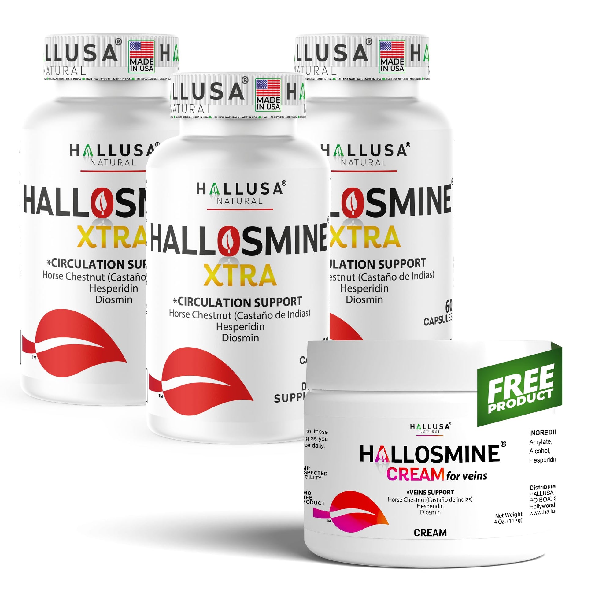 Hallusa Natural Hallosmine Xtra 850mg Diosmin, Hesperidin, Horse Chesnut + Bonus Leg Cream, Extra Strength Circulation & Vein Support Supplement, Varicose Veins, Spider Veins, Hemorrhoids, 180 Capsules
