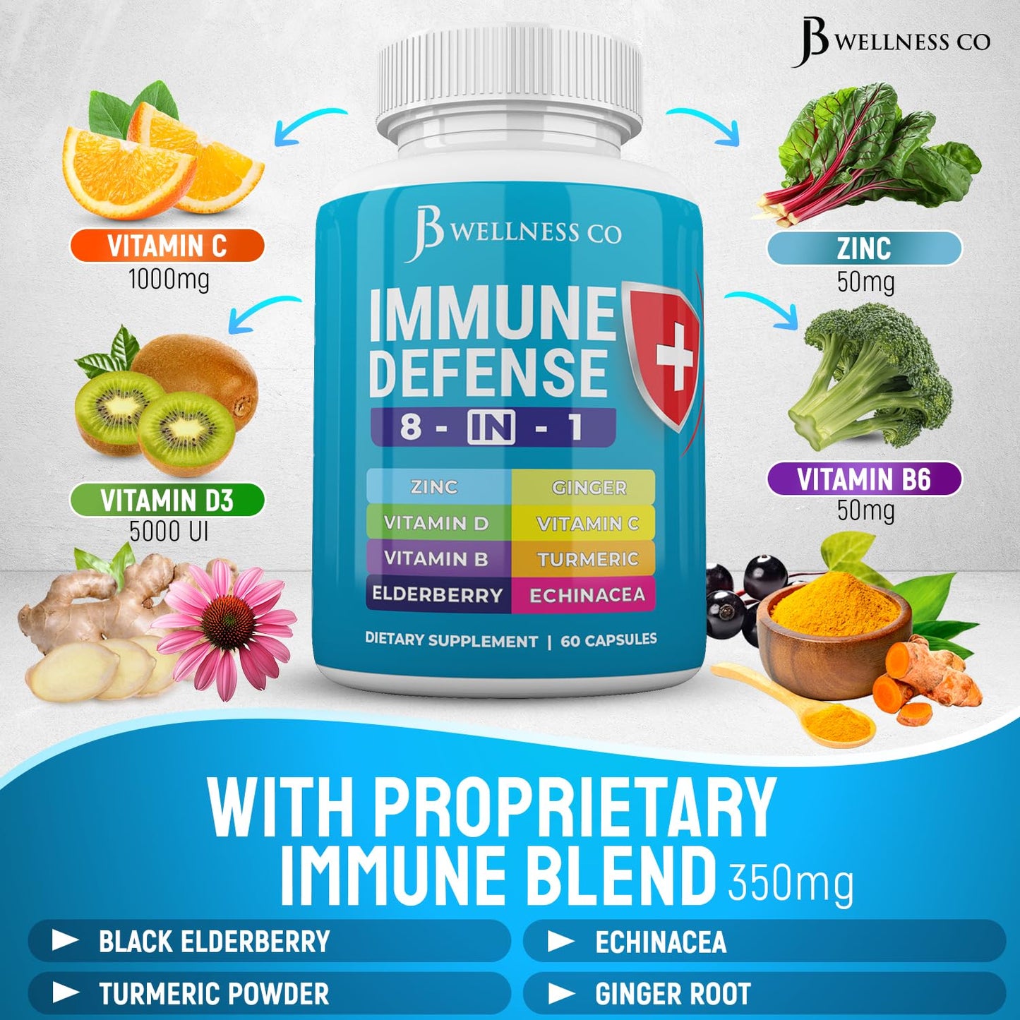 JB Wellness Co Immune Support 8 in 1 Capsules, 120 Capsules