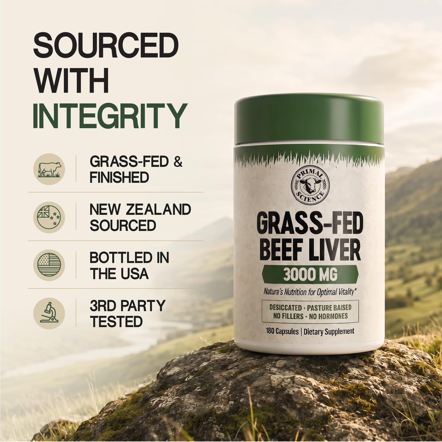 Primal Science Grass Fed Beef Liver Capsules 3000mg Desiccated Liver Supplement 100% Pasture Raised & Freeze Dried Natural Iron, Vitamin A & B12 for Energy Non-GMO, No Fillers 180 Count