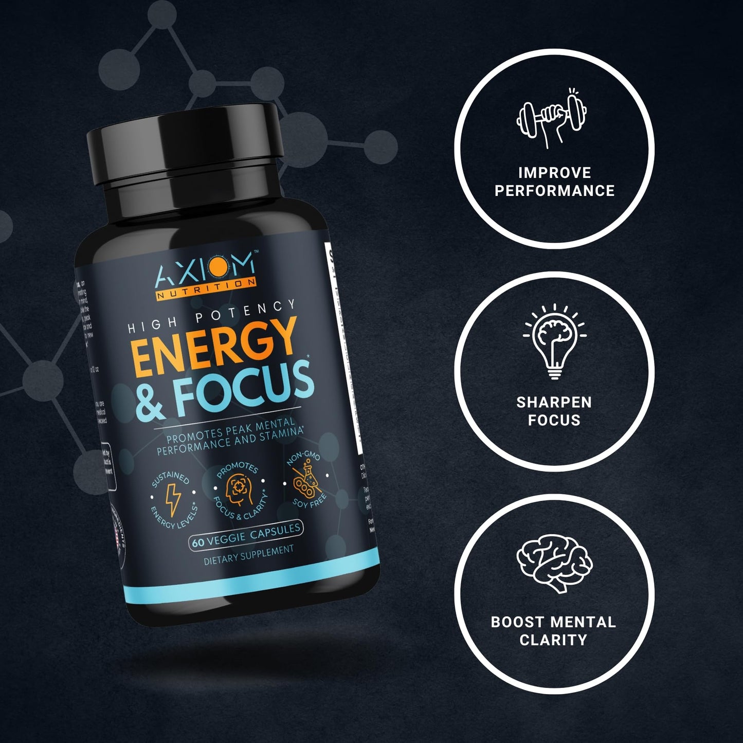 Axiom Nutrition Energy and Focus - Extra Strength 200mg Caffeine and Lions Mane Mushroom Supplement, Capsules, 60 Count