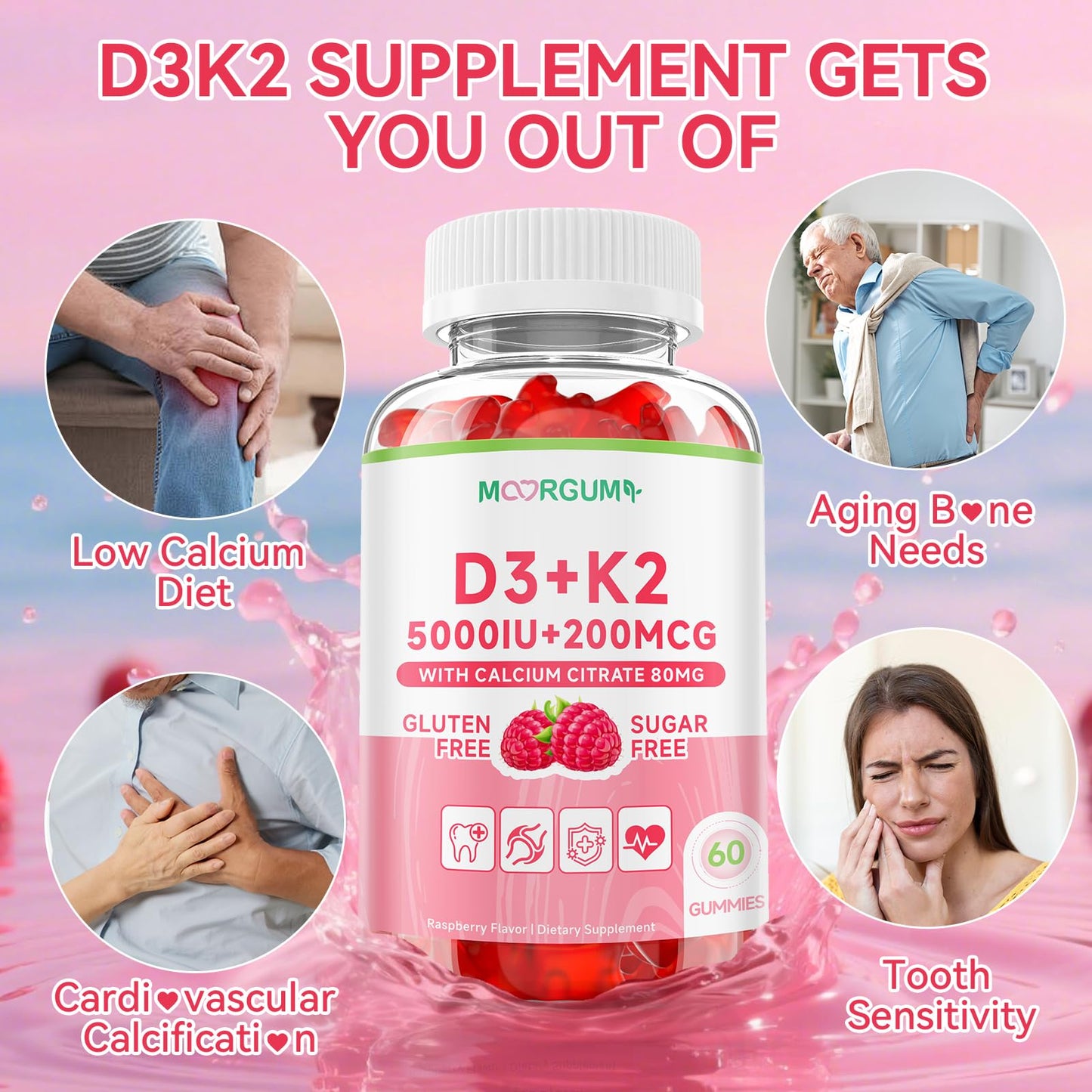 MOORGUMY Vitamin D3 K2 Gummies, 60 Count