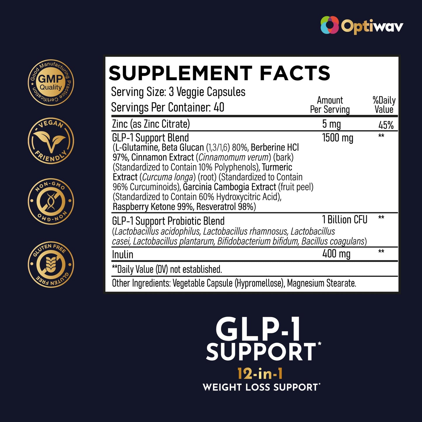 Optiwav GLP-1 Support Probiotic Weight Loss Supplement with Berberine Capsules 120 Count