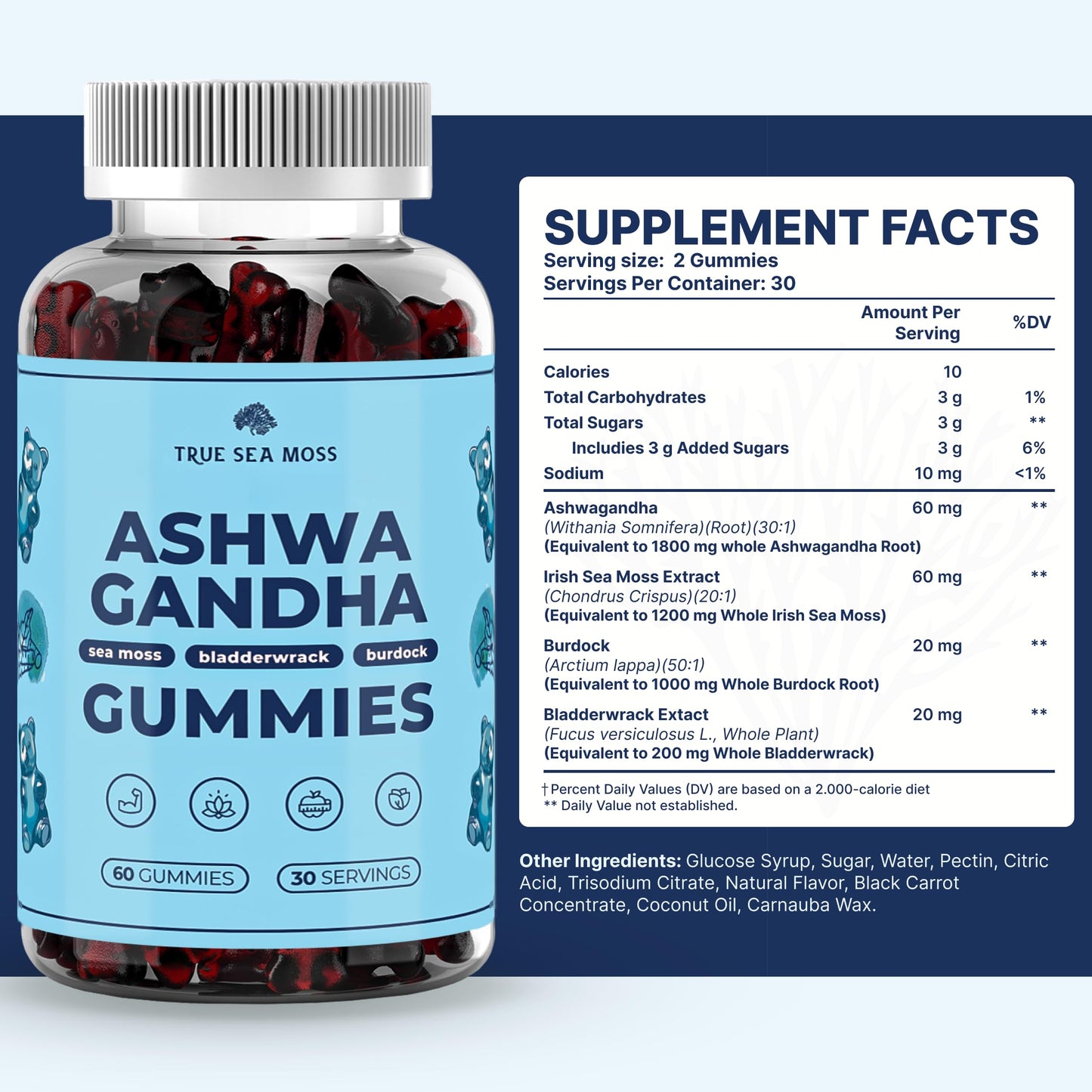 TrueSeaMoss Irish Sea Moss Gummies with Burdock Root & Bladderwrack for Adults & Kids, 60 Gummies