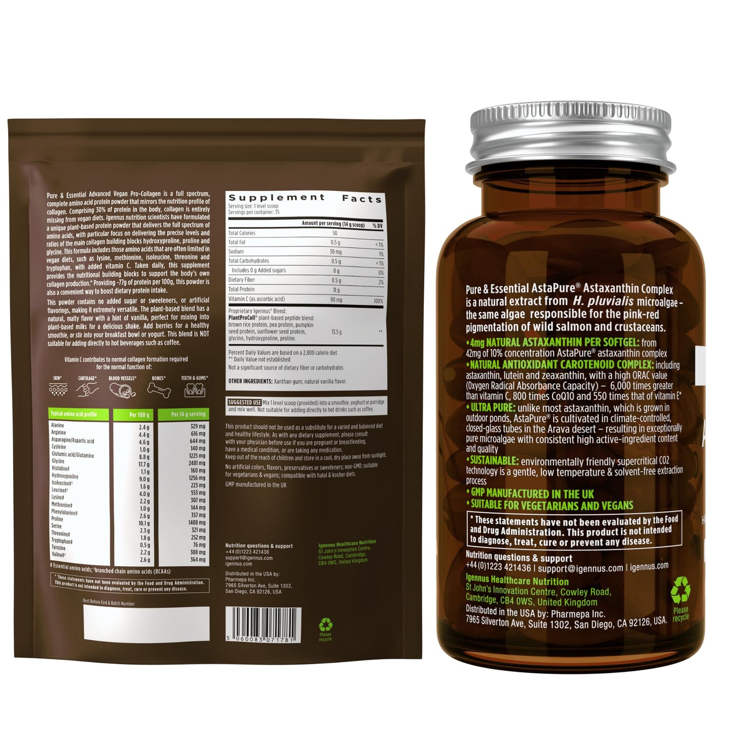 Igennus Healthcare Nutrition Vegan Vanilla Collagen Protein Powder + Astaxanthin Complex, 2-Pack