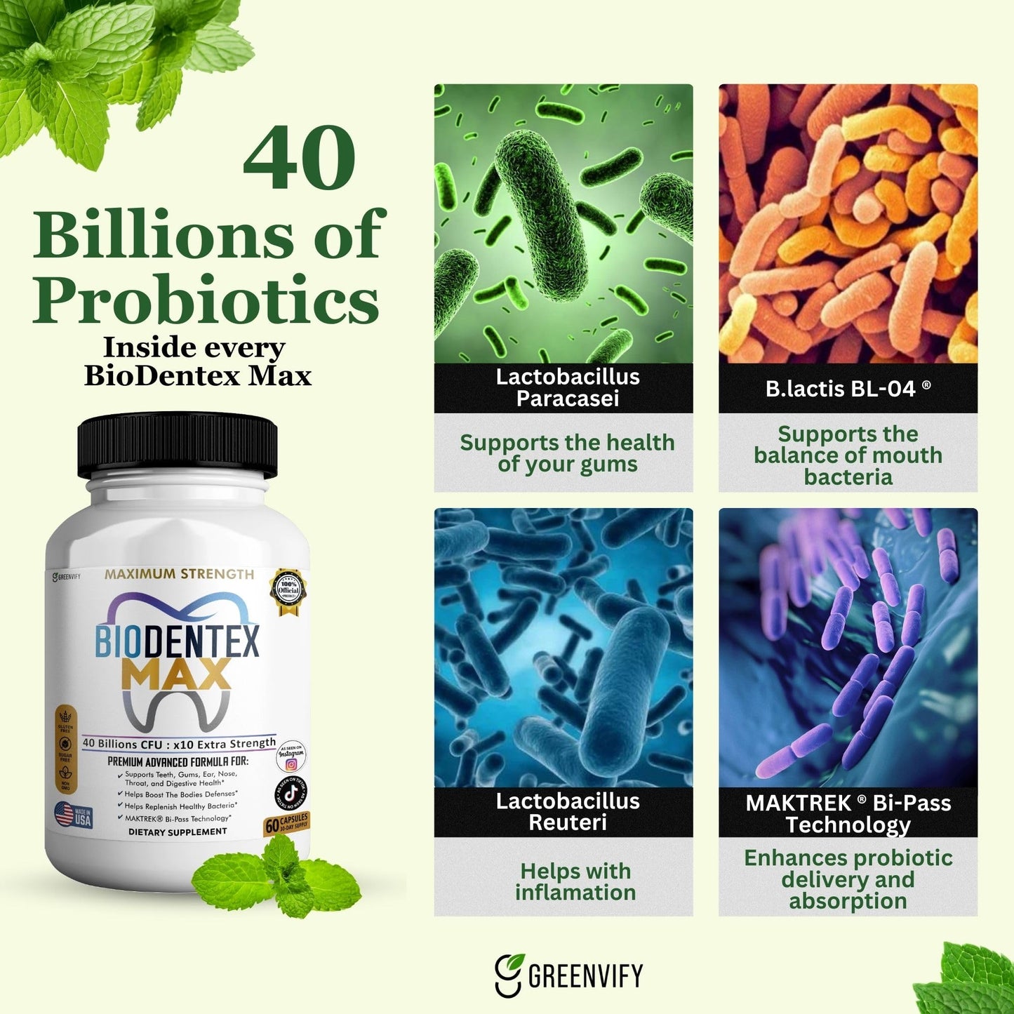 GREENVIFY BioDentex Max Maximum Strength Probiotic Supplement Capsules 60