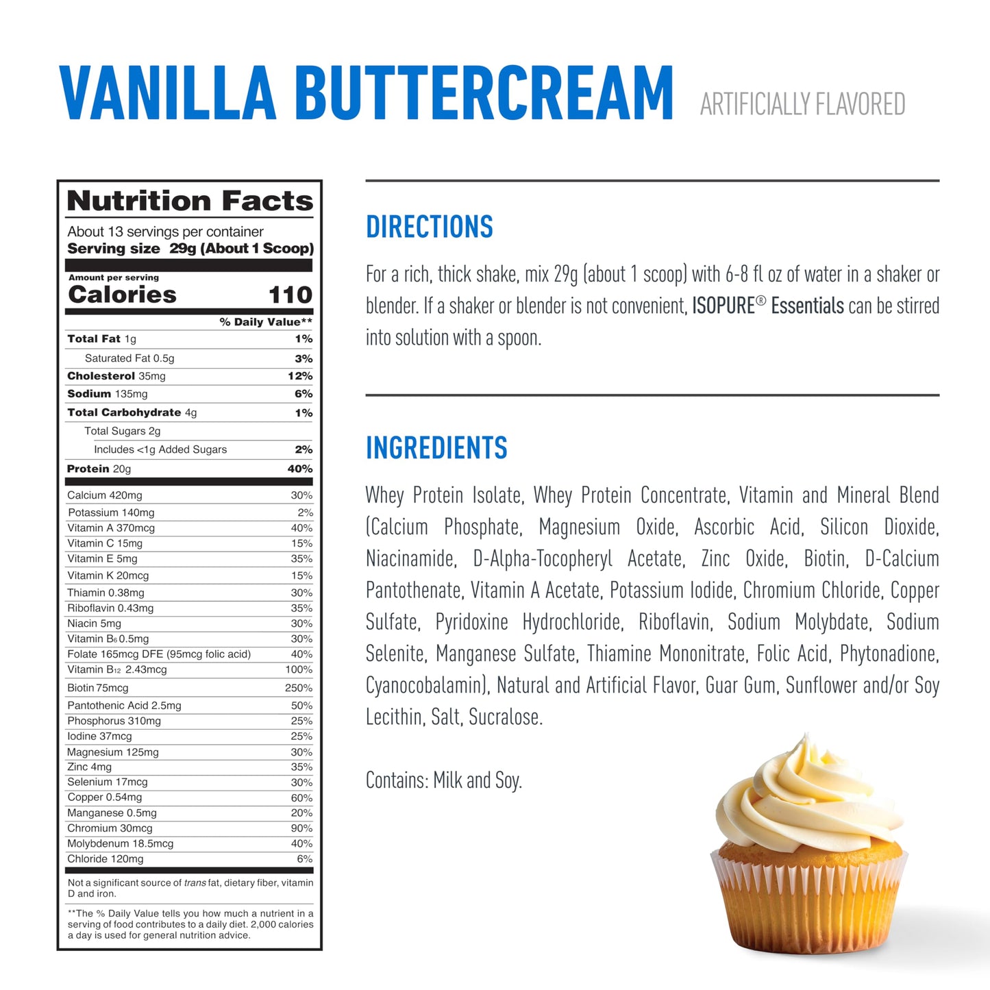 Isopure Essentials 100% Whey Protein Powder Vanilla Buttercream with Vitamins, 13 Servings