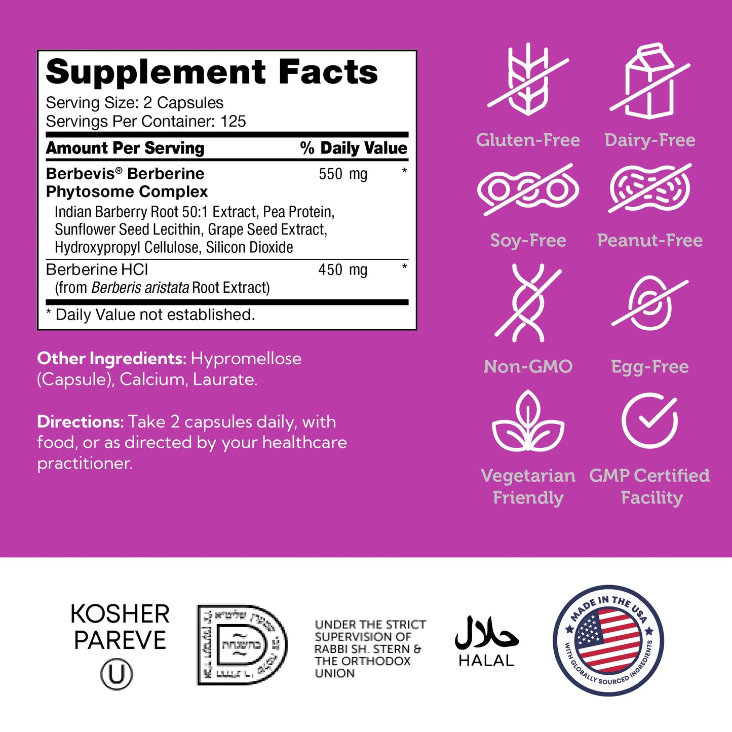 Zahler Berberine with Clinically Evaluated Berbevis, Metabolism and Glucos Support Formula, 250 Capsules