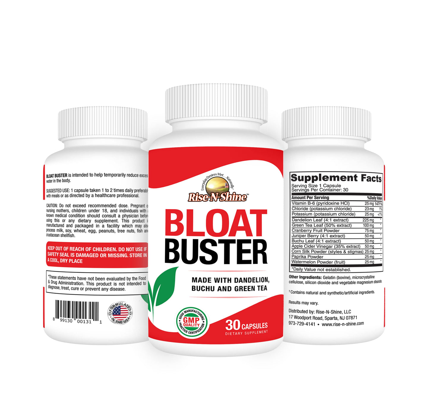 Rise-N-Shine Bloat Buster Water Pills with Dandelion, Green Tea, Apple Cider Vinegar and More to Help Water Retention and Bloating 30 Capsules
