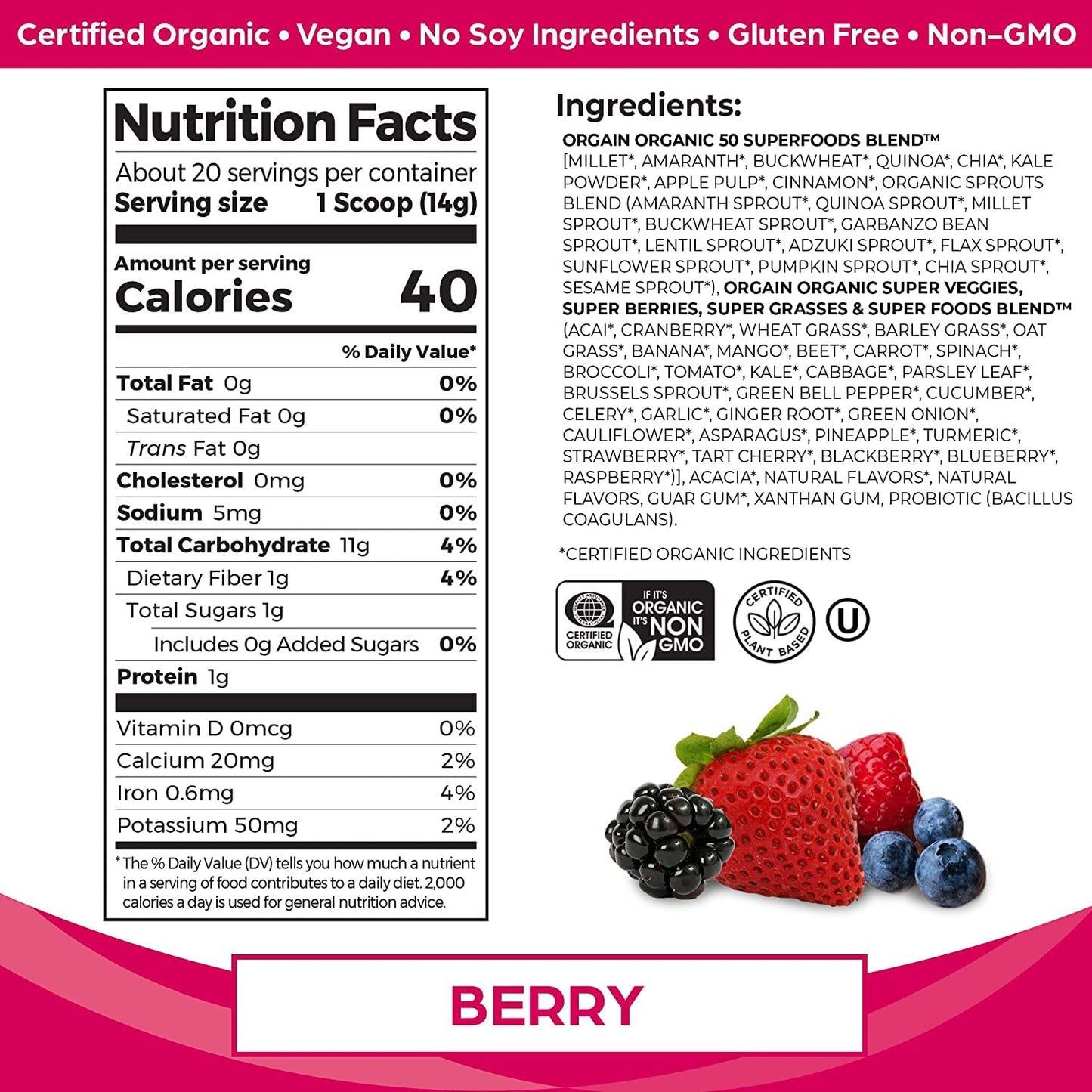 Orgain Organic Protein + Superfoods Powder (Vanilla Bean) and Orgain Organic Greens Powder + 50 Superfoods (Berry), 2-Piece Assortment