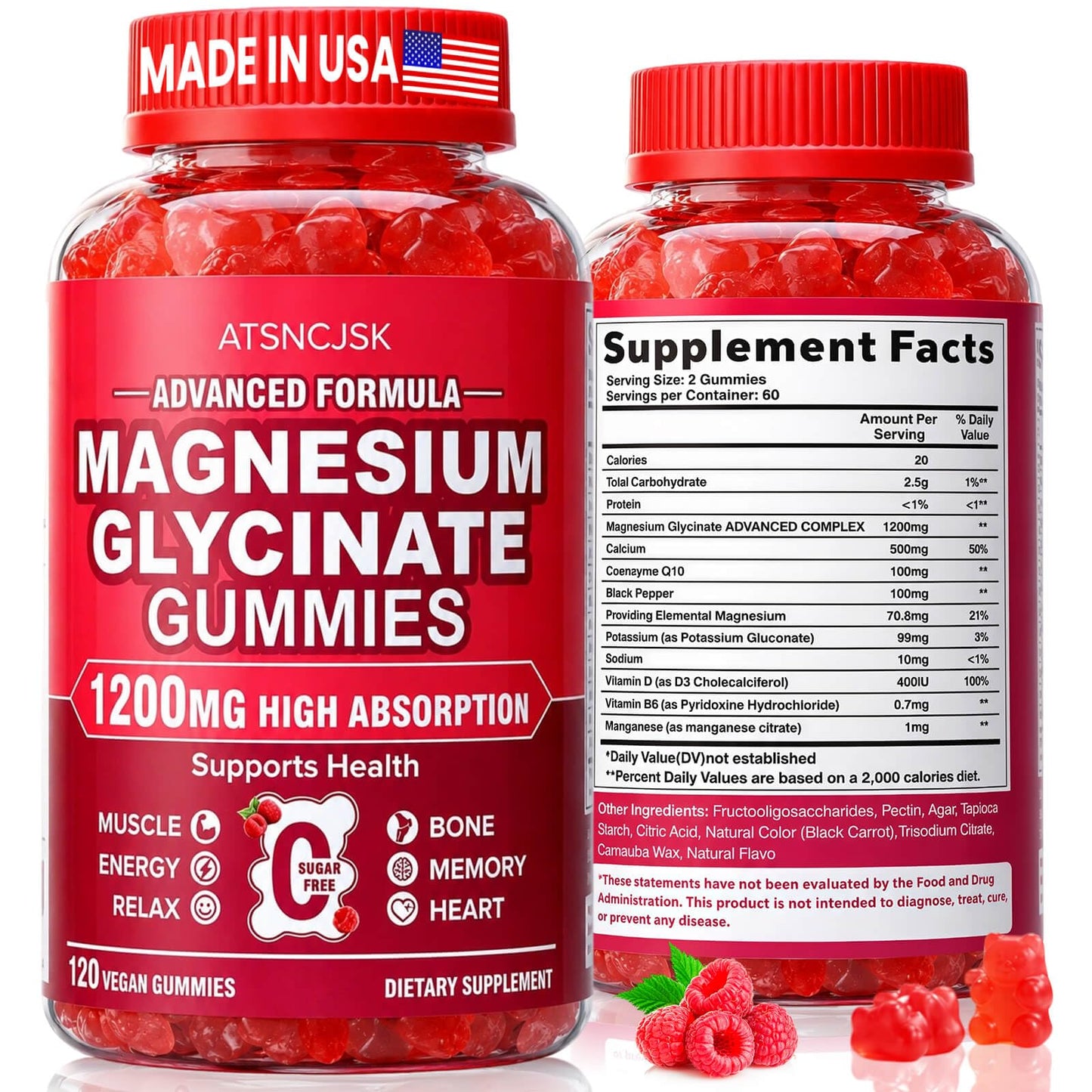ATSNCJSK Magnesium Glycinate Gummies 1200mg, 120 Count