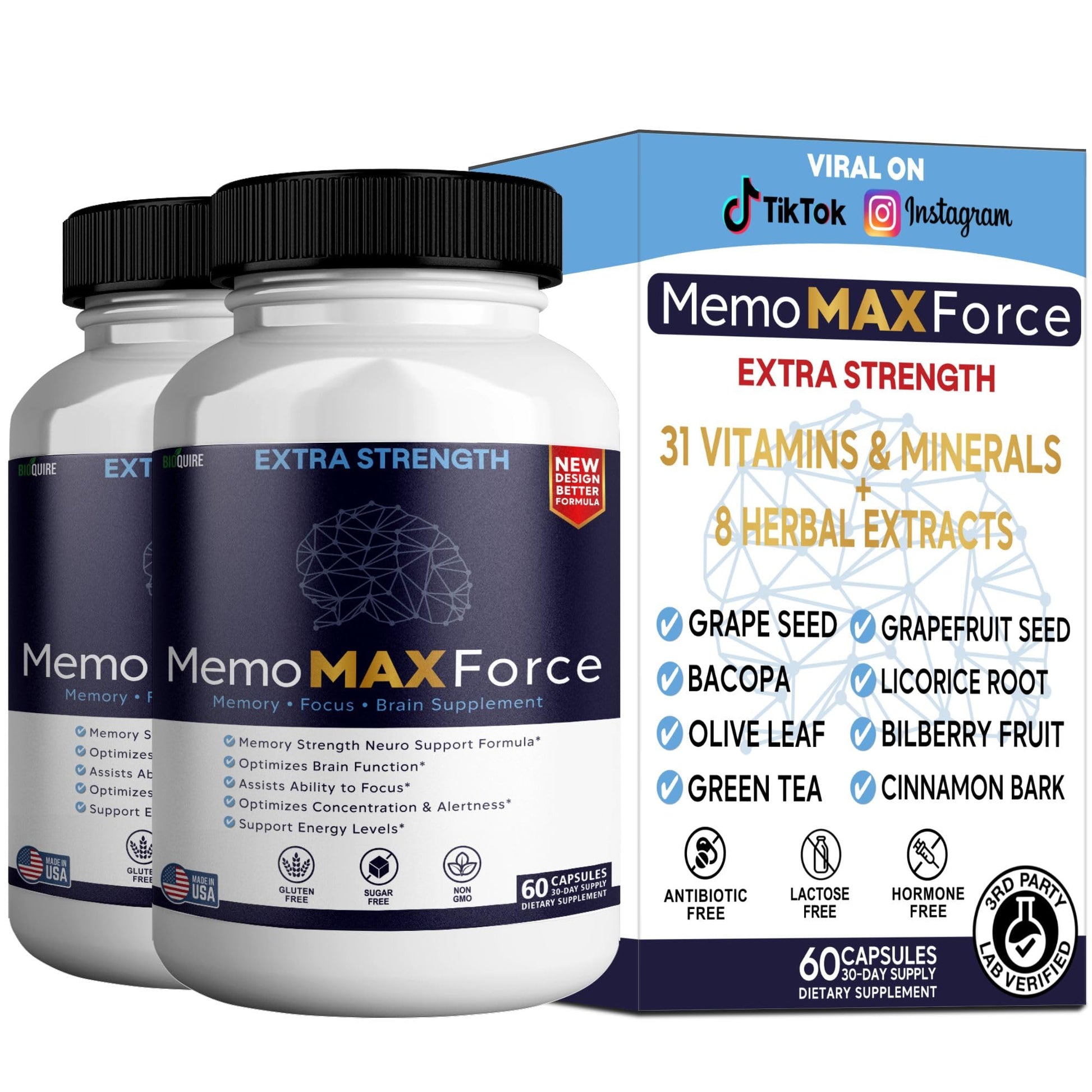 BIOQUIRE MemoMAX Force Extra Strength Brain Supplement 60 Capsules