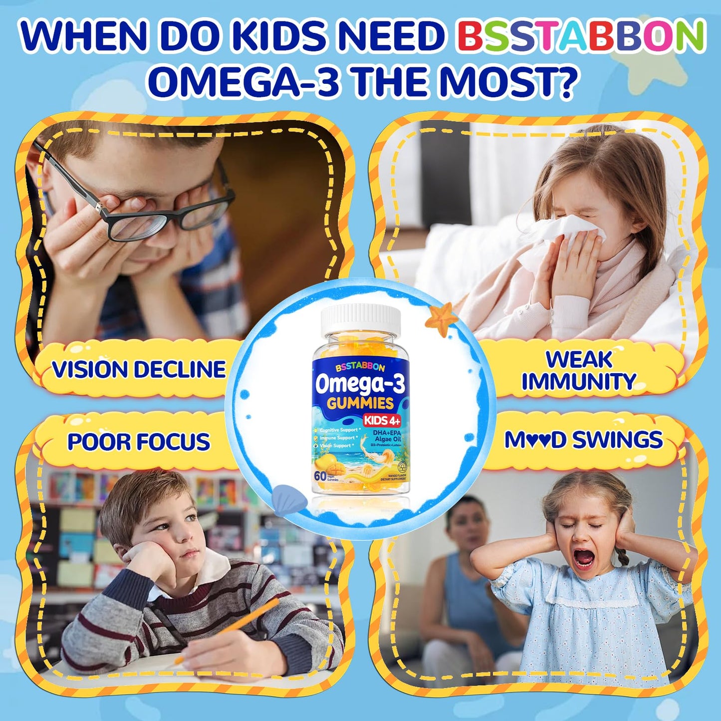 BSSTABBON Vegan Omega 3 Gummies for Kids 4+ DHA EPA with Vitamin D3 B12 Probiotic Lutein Zinc No Fish Taste Multivitamin, 60 Gummies