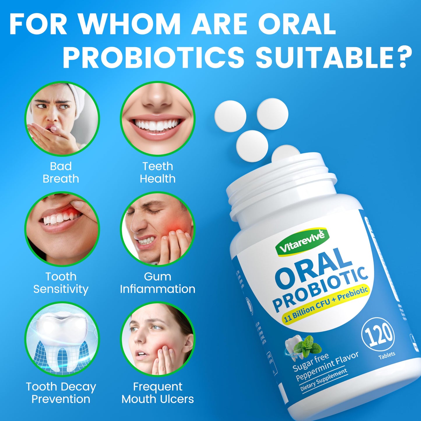 Vitarevive Oral Probiotics Prebiotic for Women & Men - Gum Restore & Dry Mouth Lozenges, Bad Breath Treatment for Adults, Mouth & Gut Health, 360 Tablets