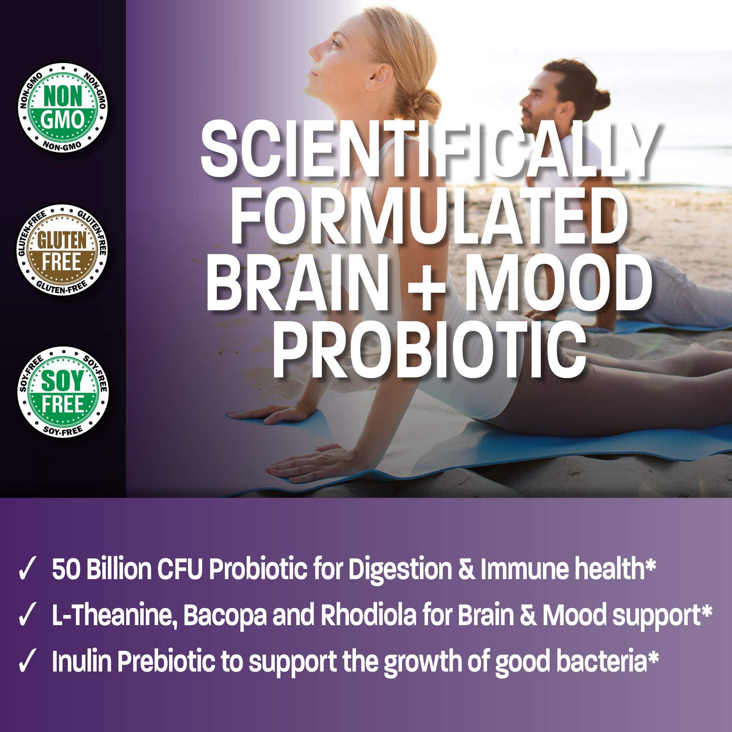Bronson Brain + Mood Probiotic 50 Billion CFU Plus Prebiotic with L-Theanine, Bacopa and Rhodiola Non-GMO, 60 Capsules