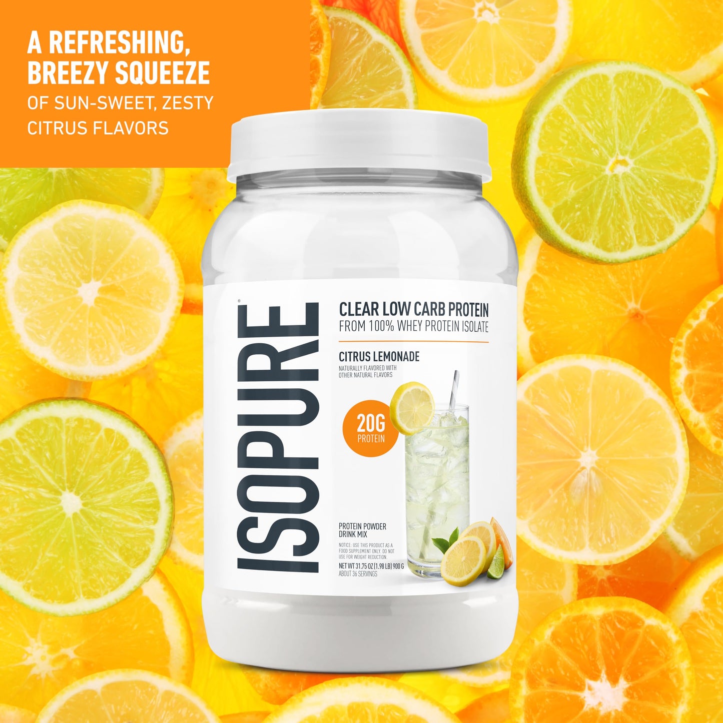 Isopure Clear Whey Isolate Protein Powder, Lactose Free, Gluten Free, Naturally Flavored, Citrus Lemonade, 20g Protein Per Serving, 1.9 Lb, 36 Servings (Packaging May Vary)