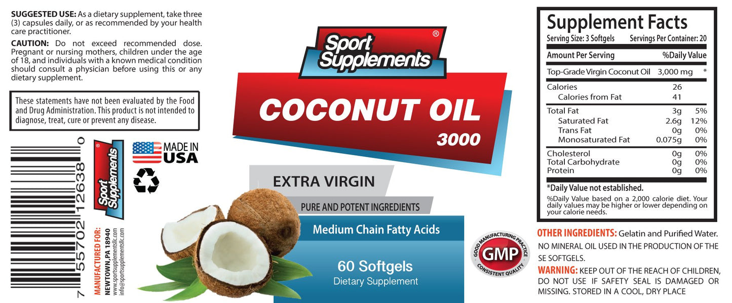 Sport Supplement Coconut Oil Fractionated Extra Virgin Coconut Oil 3000mg Brain and Memory Herbal Support Softgels, 120 Count
