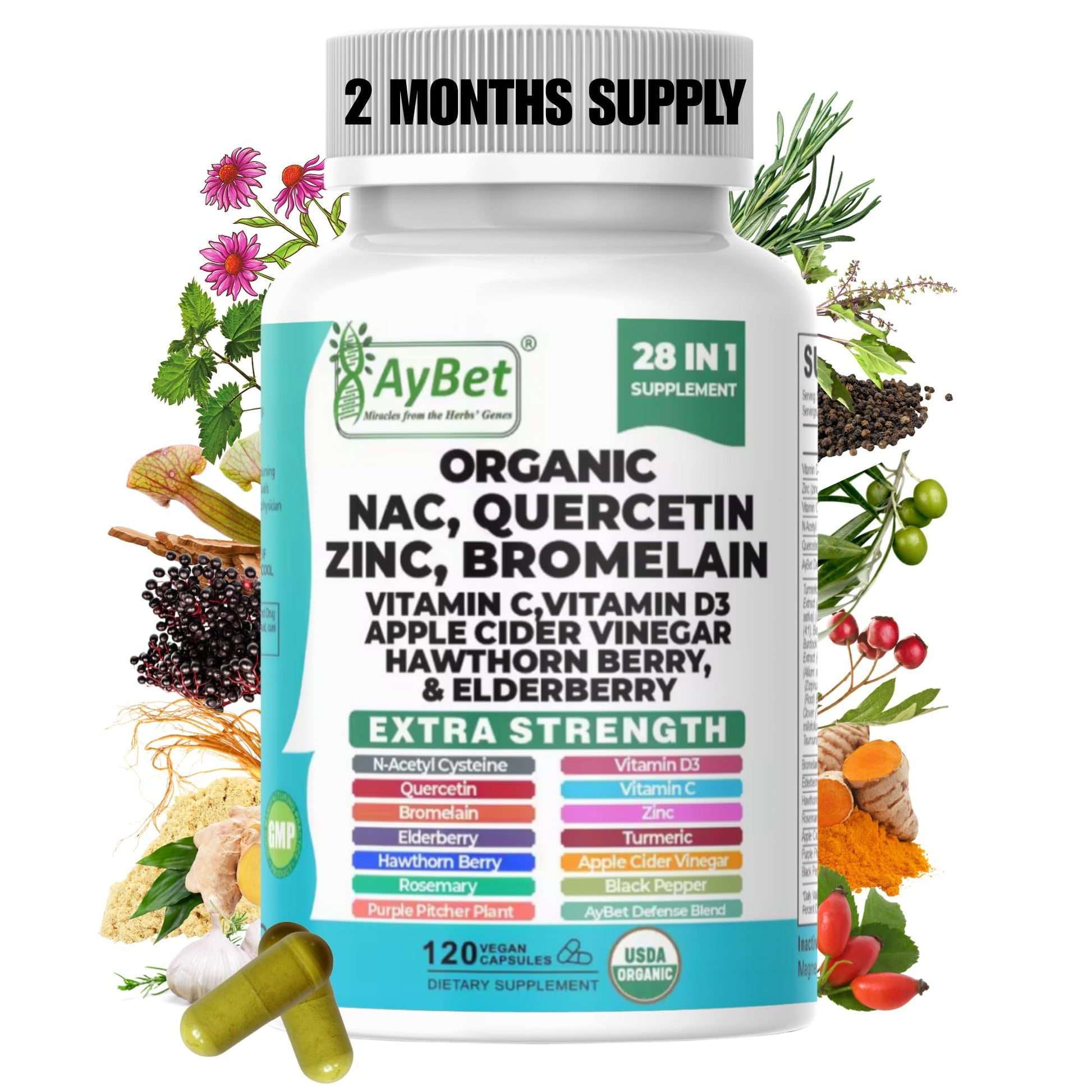 AyBet NAC Quercetin Zinc Bromelain Supplement Capsules 120