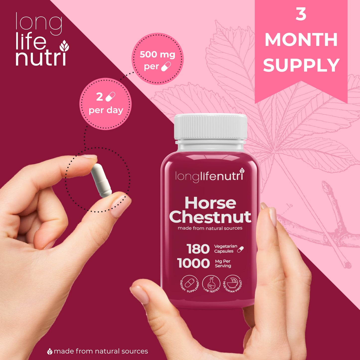 LongLifeNutri Horse Chestnut Extract 500mg Capsules, 180 Count