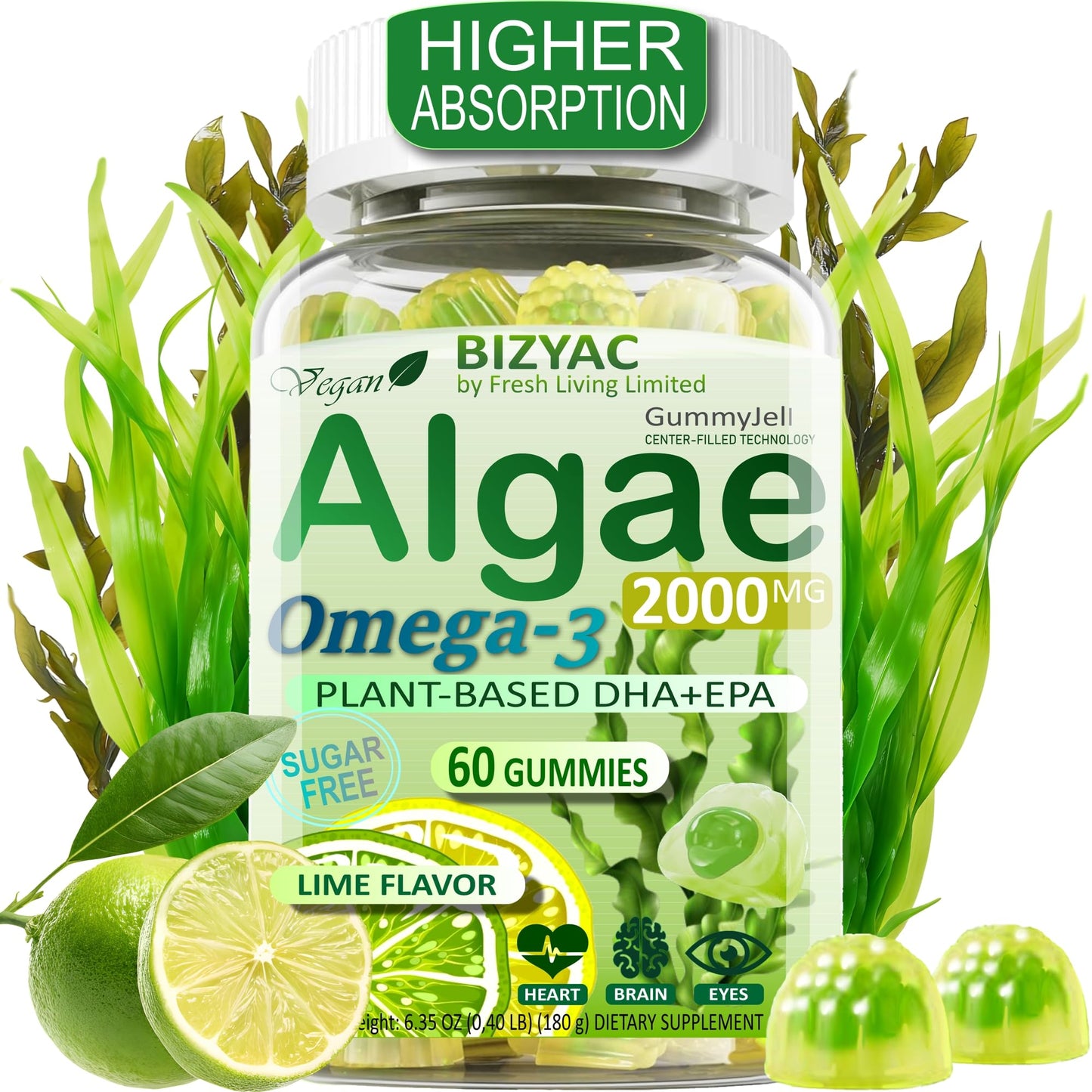 BIZYAC Algae Omega-3 Gummies 2200mg from Algae Oil, DHA 640mg & EPA 290mg, 60 Gummies