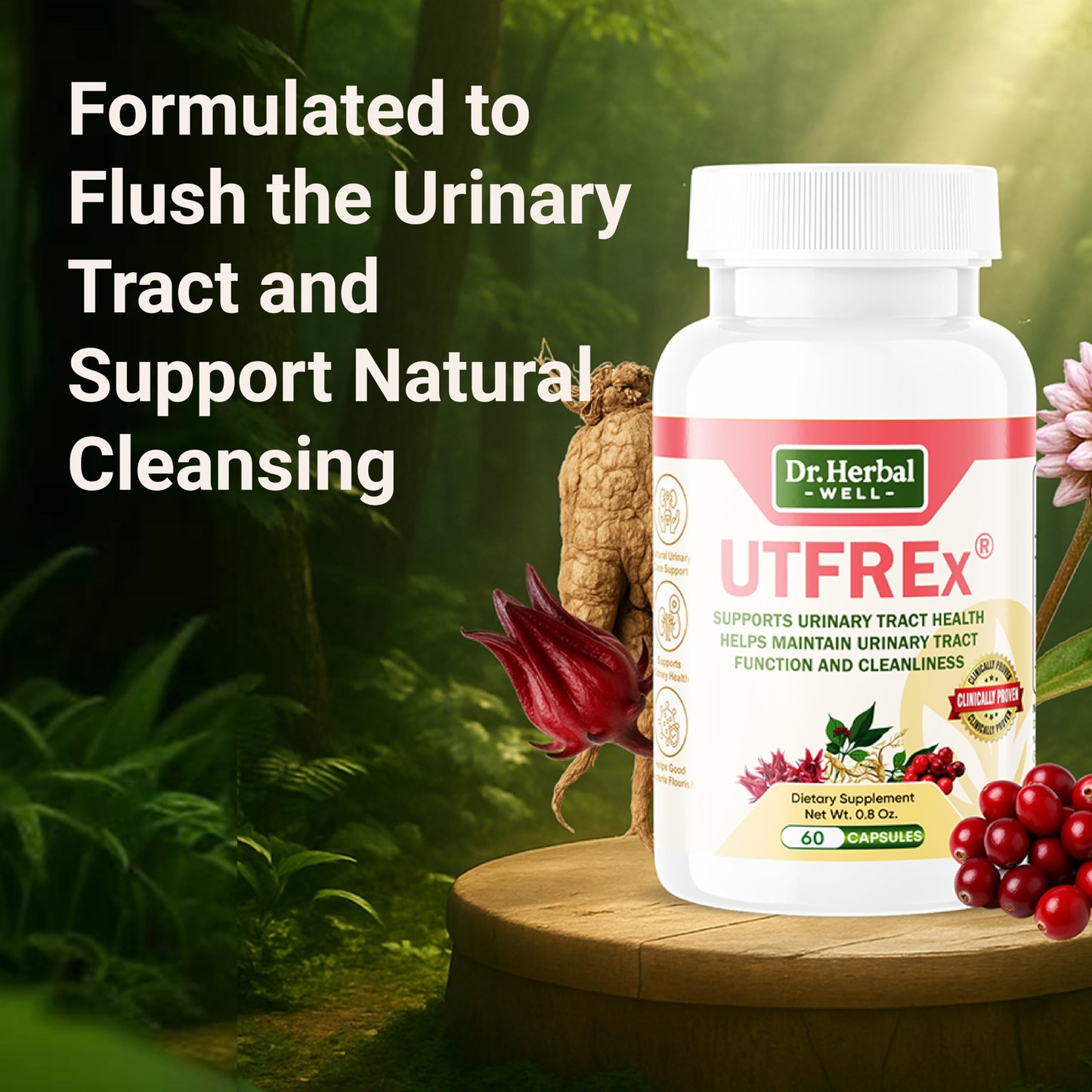 DR. HERBAL WELL UTFREX Clinically Proven Urinary Tract UTI Health Supplement Natural Support Cleanse Flush Protect No Probiotics & D-Mannose 60 Capsules