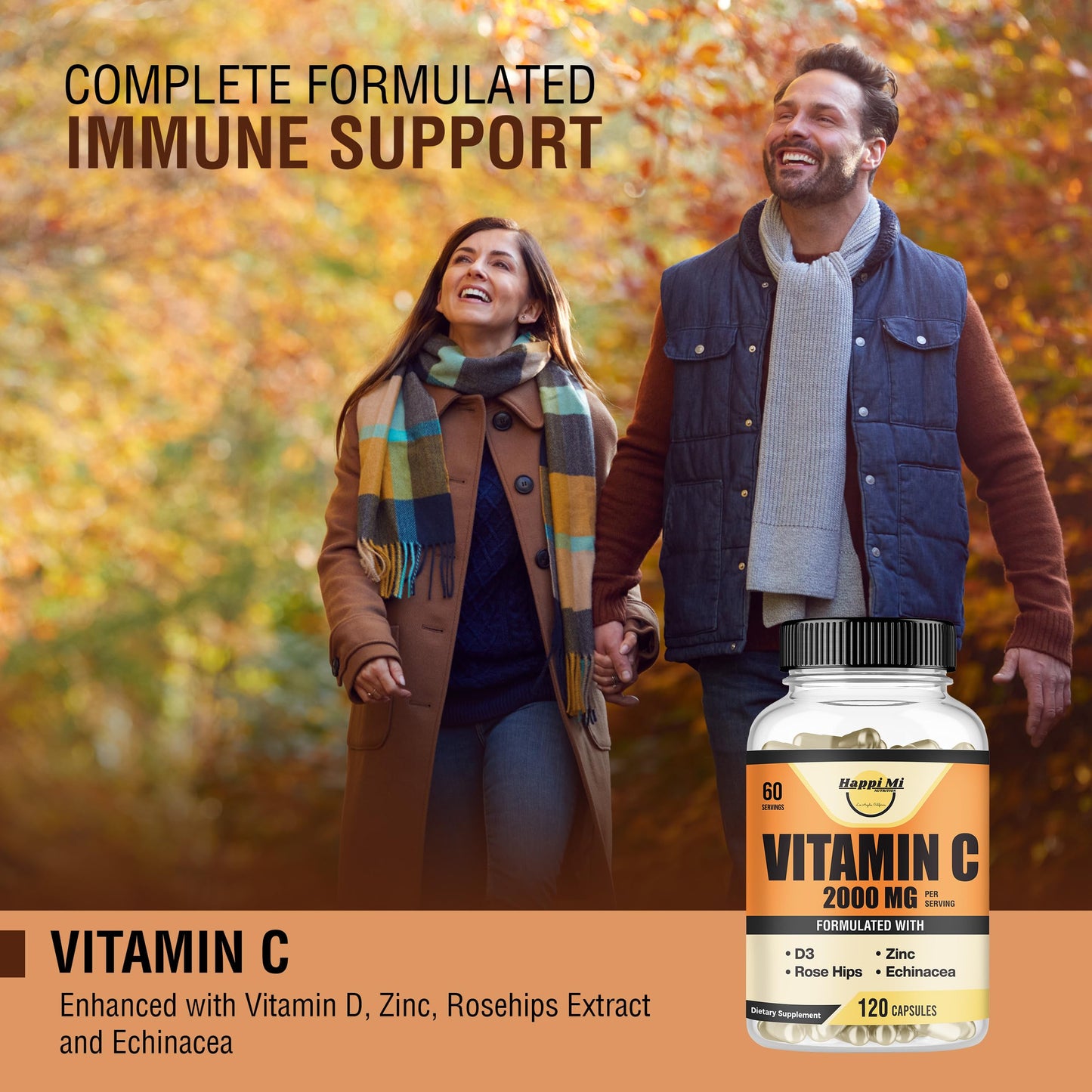 Happi Mi Nutrition Vitamin C 2000mg with Zinc 40mg & Vitamin D3 5000 IU – Echinacea Extract & Rose Hip, 120 Vegan Capsules