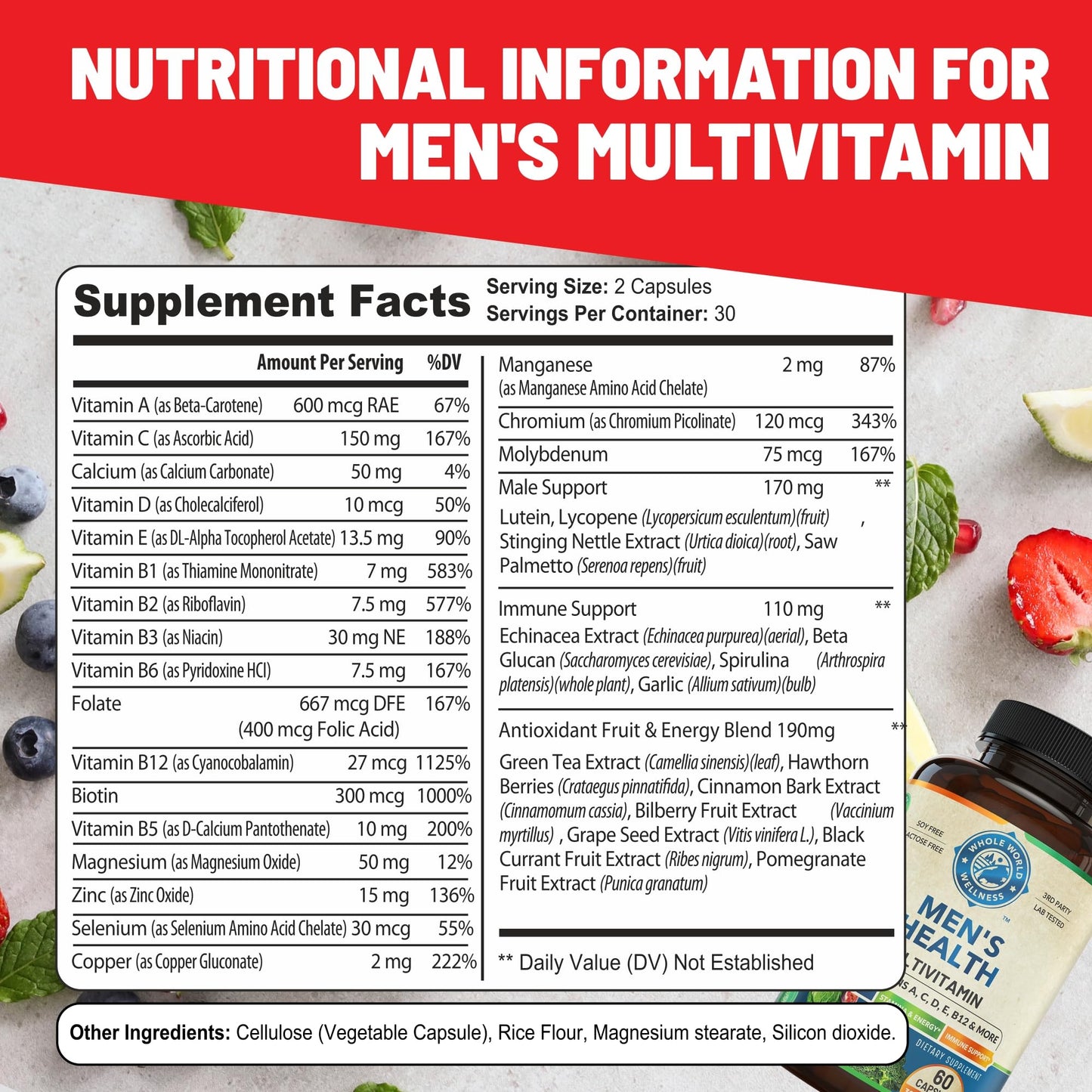 Whole World Wellness Mens Daily Multivitamin Multimineral Supplement for Energy, Focus, Stamina & Performance, Capsule, 60 Count