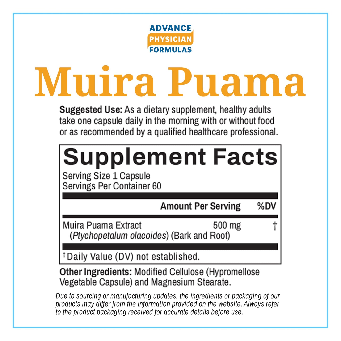 Advance Physician Formulas Muira Puama 500 mg Vegetable Capsules, 60 Count