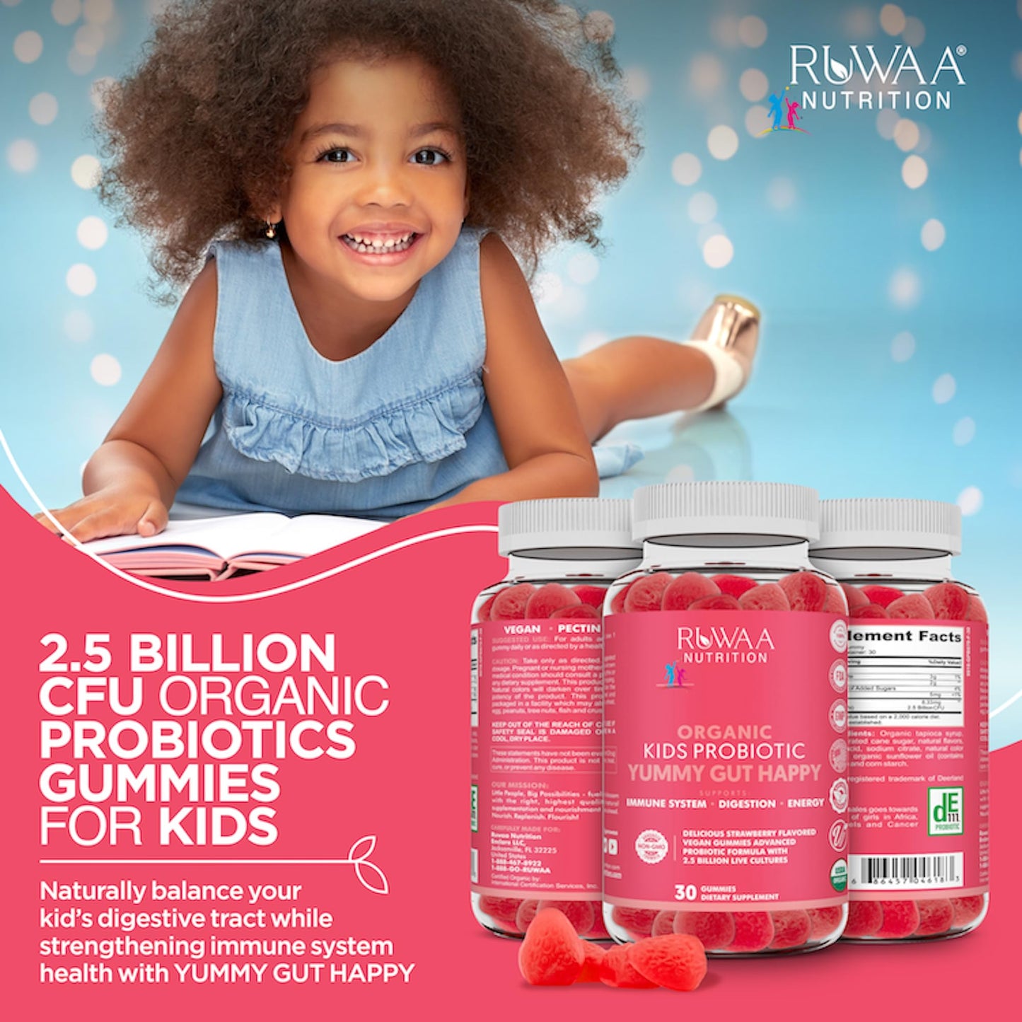 RUWAA NUTRITION Daily Probiotics for Digestive Health Organic Probiotic Gummies for Kids, Chewable, Vegan, 30 Gummies