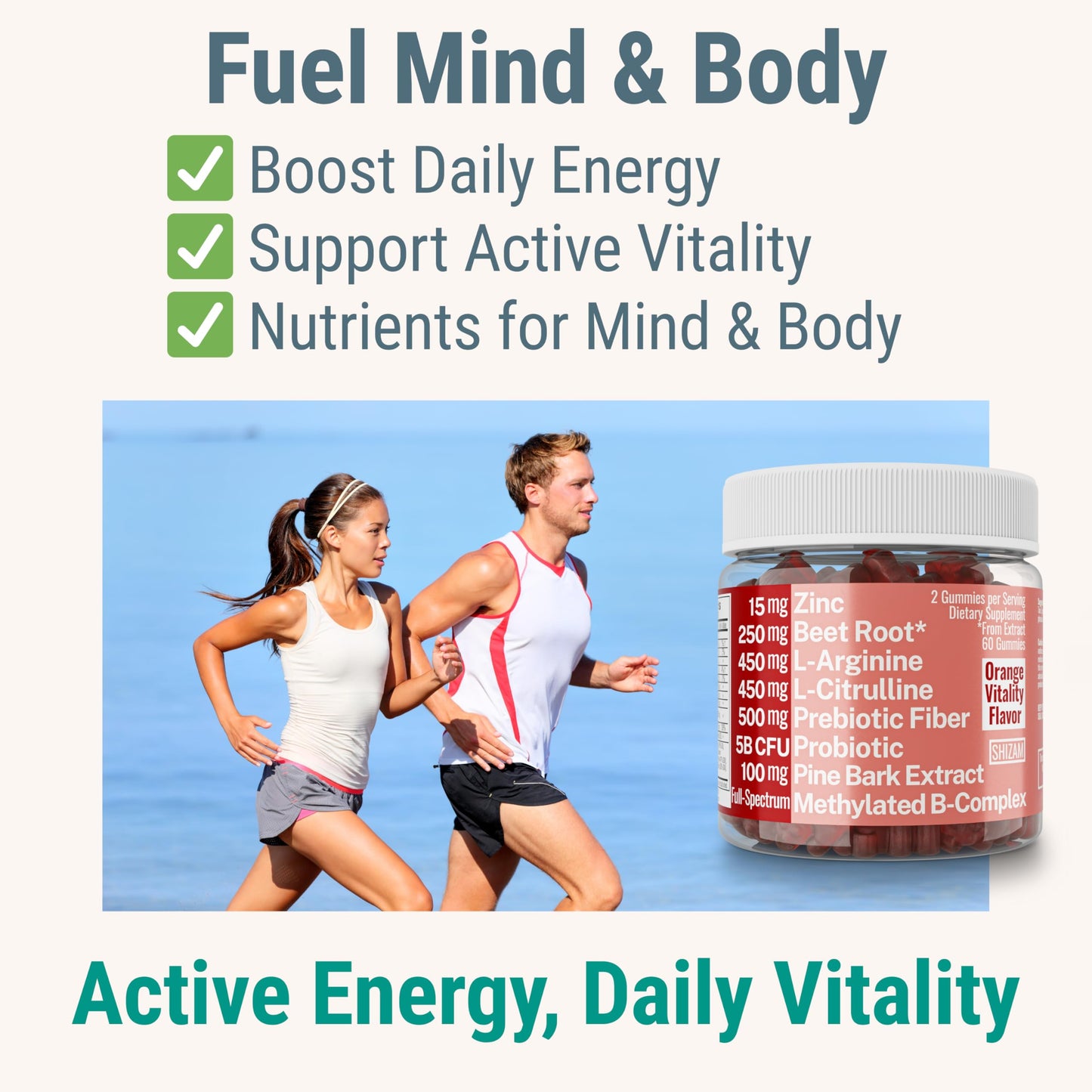SHIZAM Pine Bark Extract L-Arginine L-Citrulline Beetroot Probiotic Fiber Methylated B Complex Zinc Gummies 60 Count