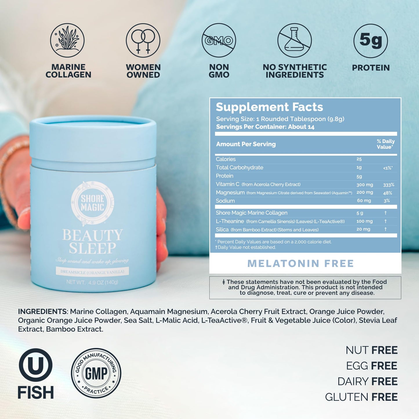 Shore Magic Beauty Sleep Marine Collagen Powder, 4.9 oz, with Magnesium Citrate & L-Theanine, Melatonin Free, Orange Vanilla