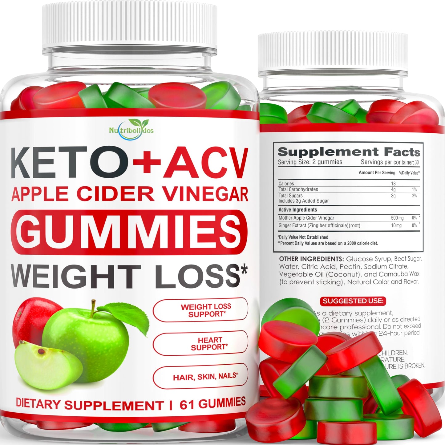 Nutribolidos Keto ACV Gummies Advanced Weight Loss - Apple Cider Vinegar - Ginger + Apple Flavor, 61 Gummies