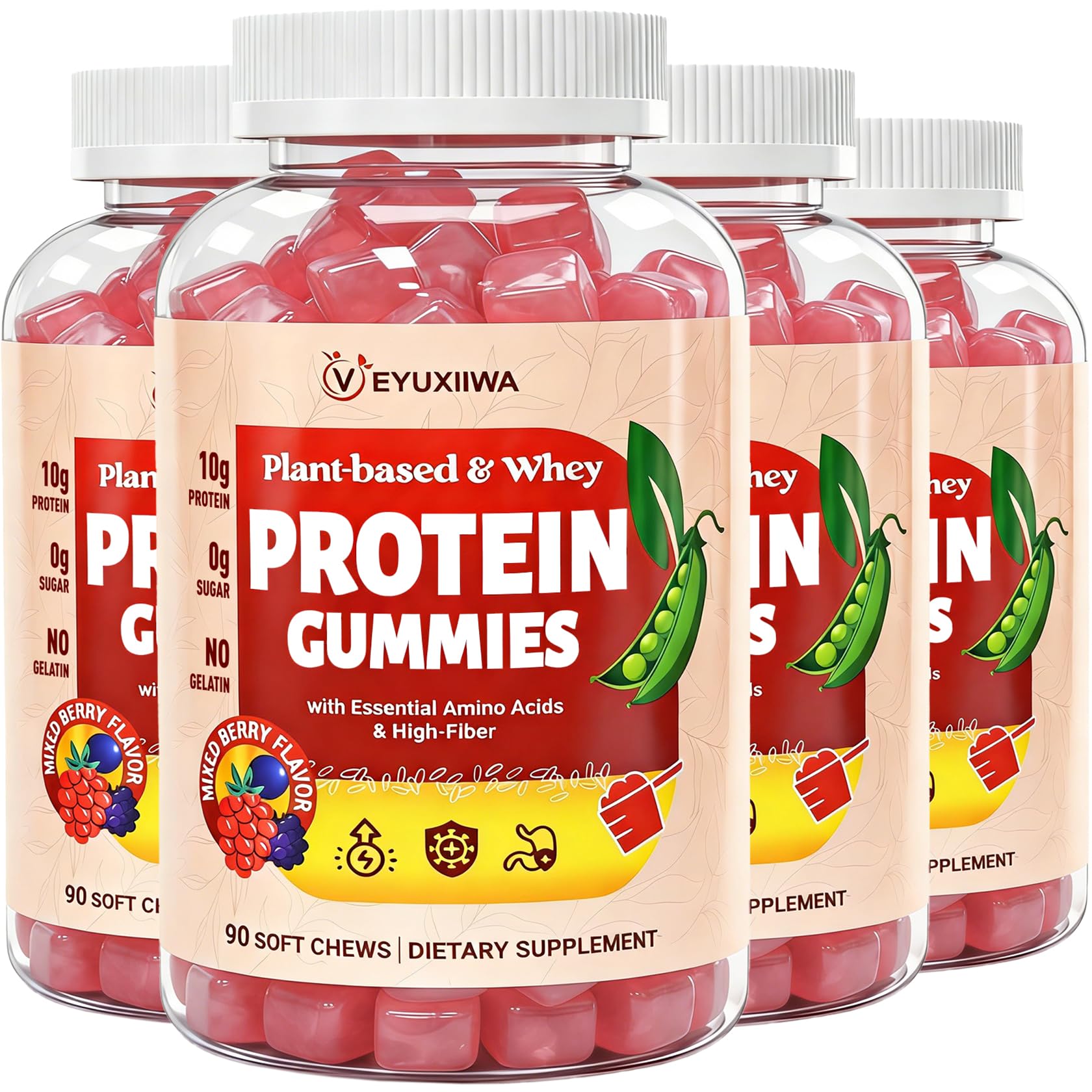 Veyuxiiwa Whey Protein Gummies with Plant-Based Amino Acids - Protein Powder Alternative, 1.32 lb (Pack of 4)