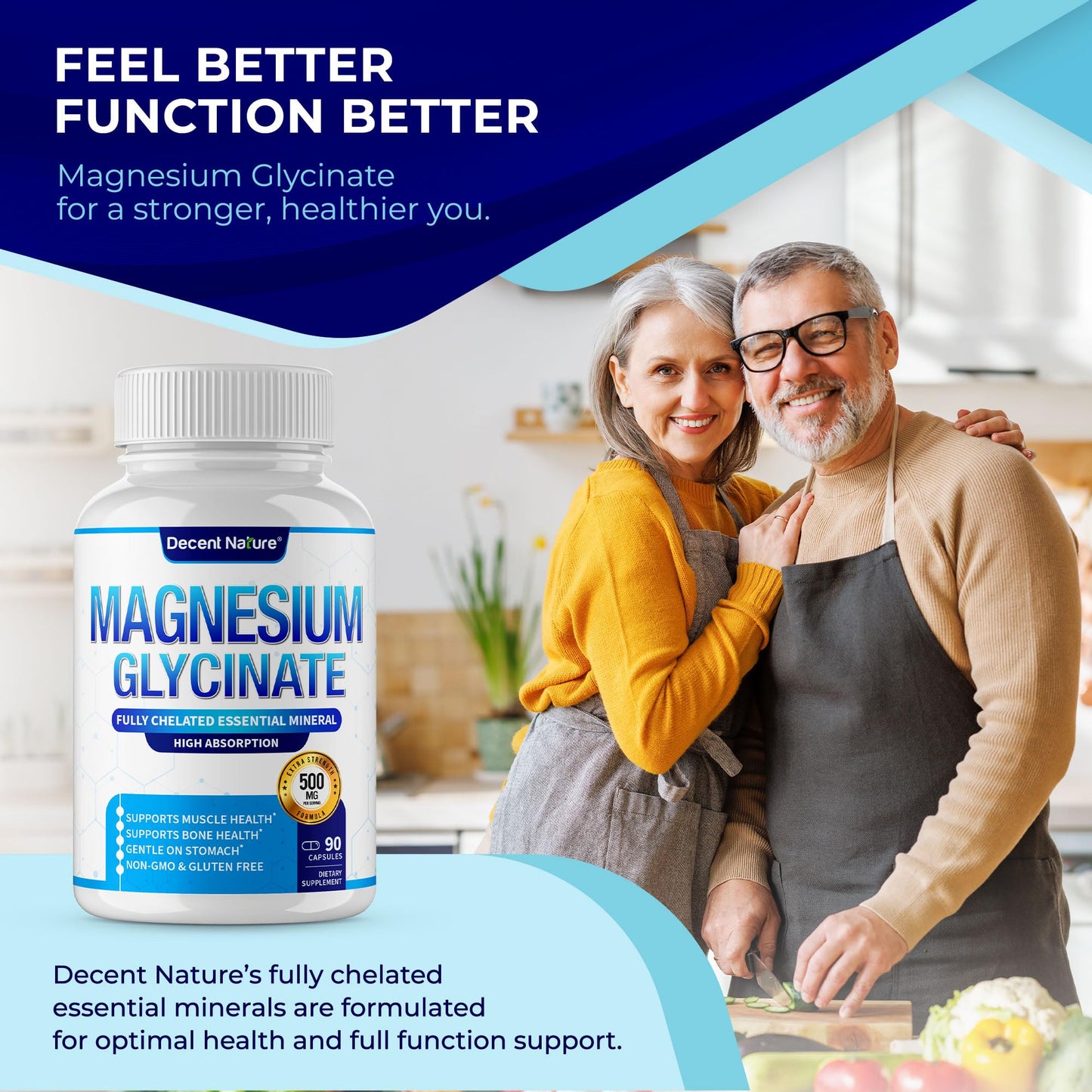 DECENT NATURE Magnesium Glycinate 500mg Magnesium Supplement - Chelated for High Absorption & Bioavailability, Vegan Non-GMO, 90 Capsules